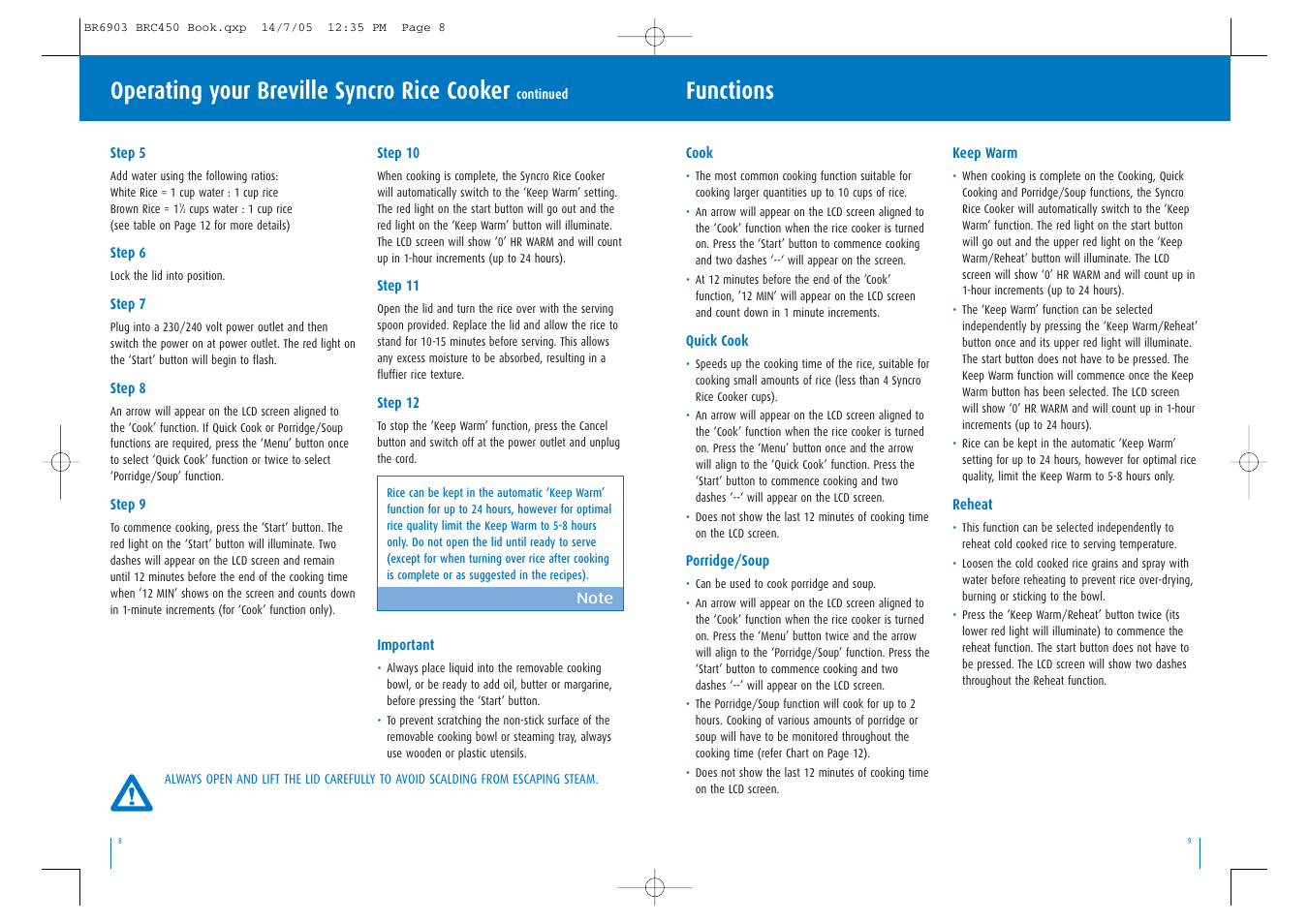 Functions, Operating your breville syncro rice cooker | Breville Syncro Rice Cooker User Manual | Page 5 / 17