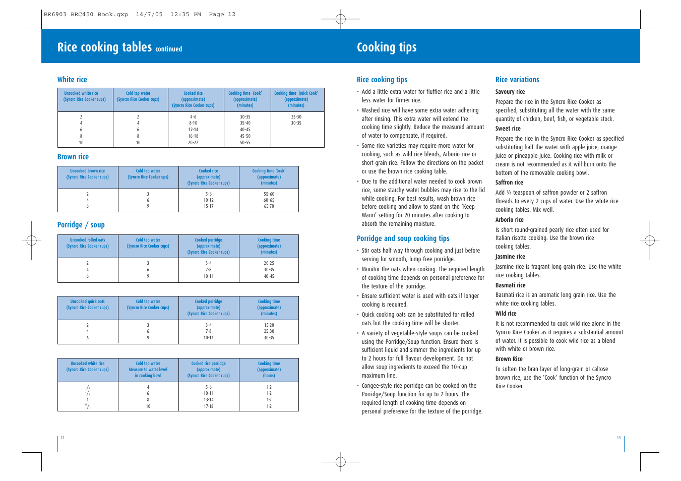 Cooking tips, Rice cooking tables, Rice cooking tips | Porridge and soup cooking tips, Rice variations, White rice brown rice porridge / soup | Breville Syncro Rice Cooker User Manual | Page 7 / 17