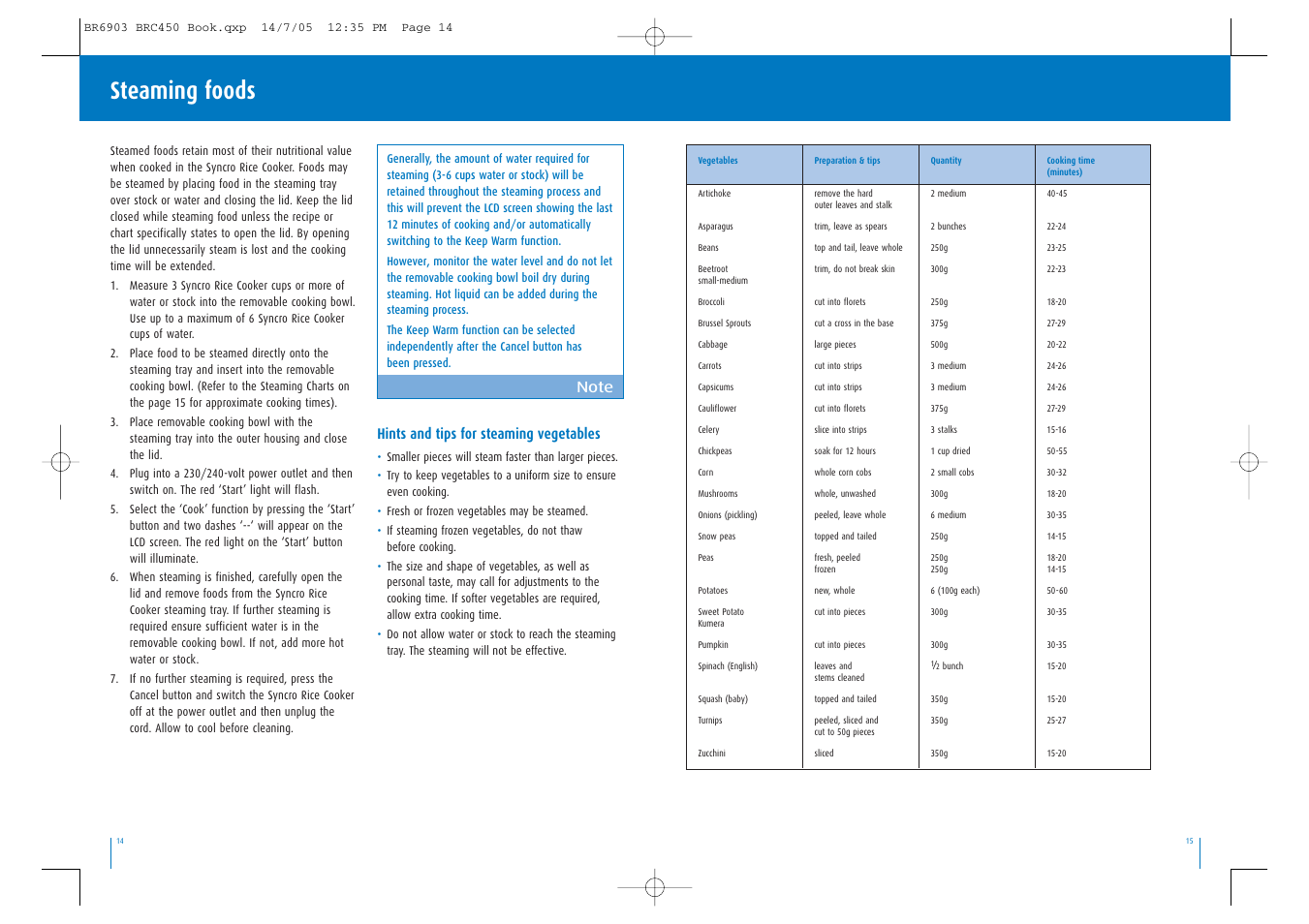 Steaming foods, Hints and tips for steaming vegetables | Breville Syncro Rice Cooker User Manual | Page 8 / 17