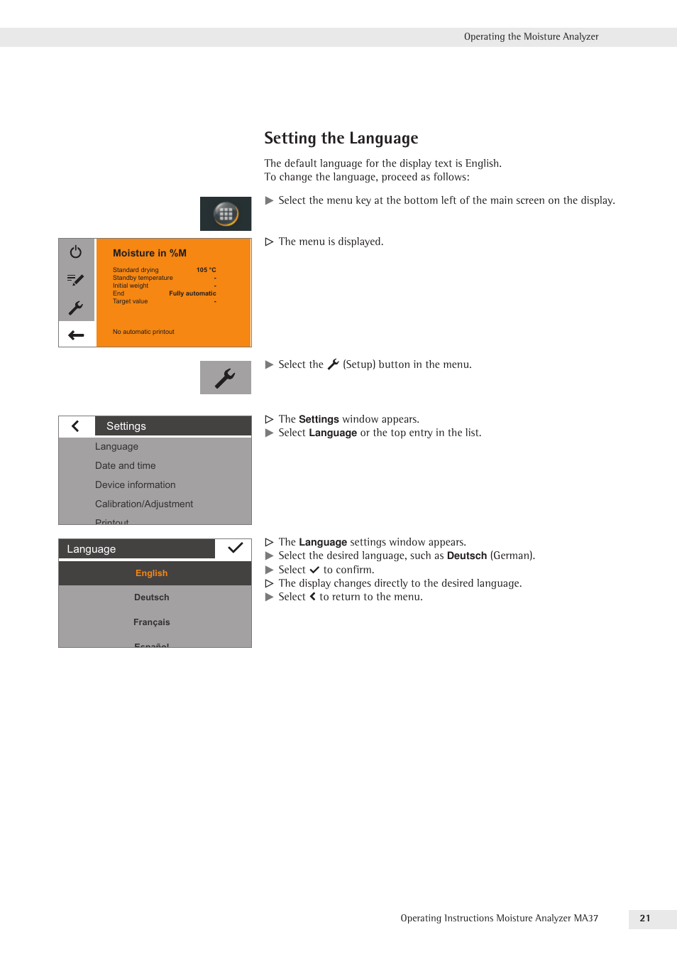 Setting the language | Rice Lake MA37 Sartorius Moisture Analyzer User Manual | Page 21 / 69
