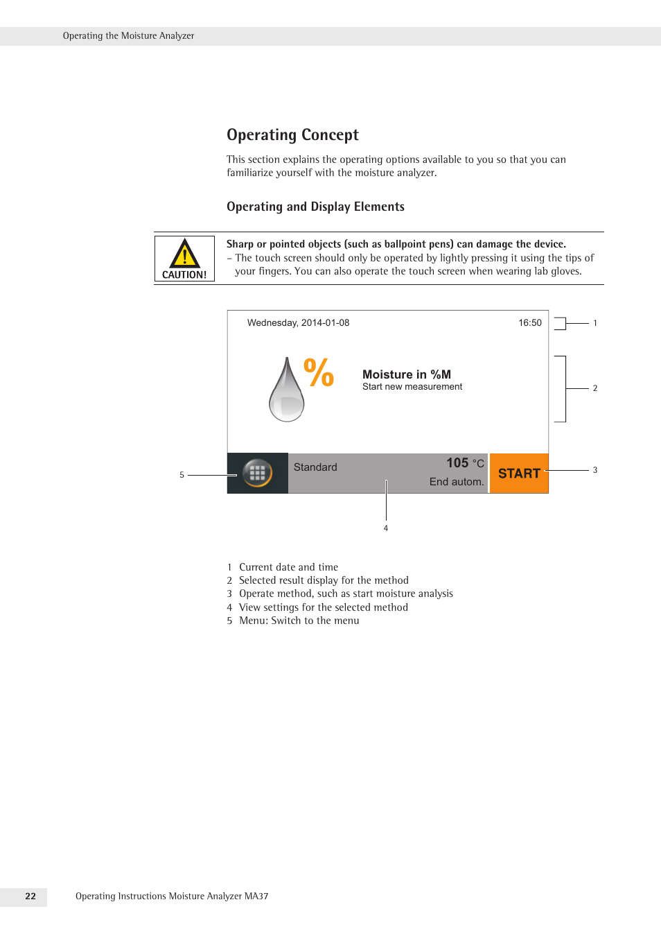 Operating concept, Operating and display elements | Rice Lake MA37 Sartorius Moisture Analyzer User Manual | Page 22 / 69