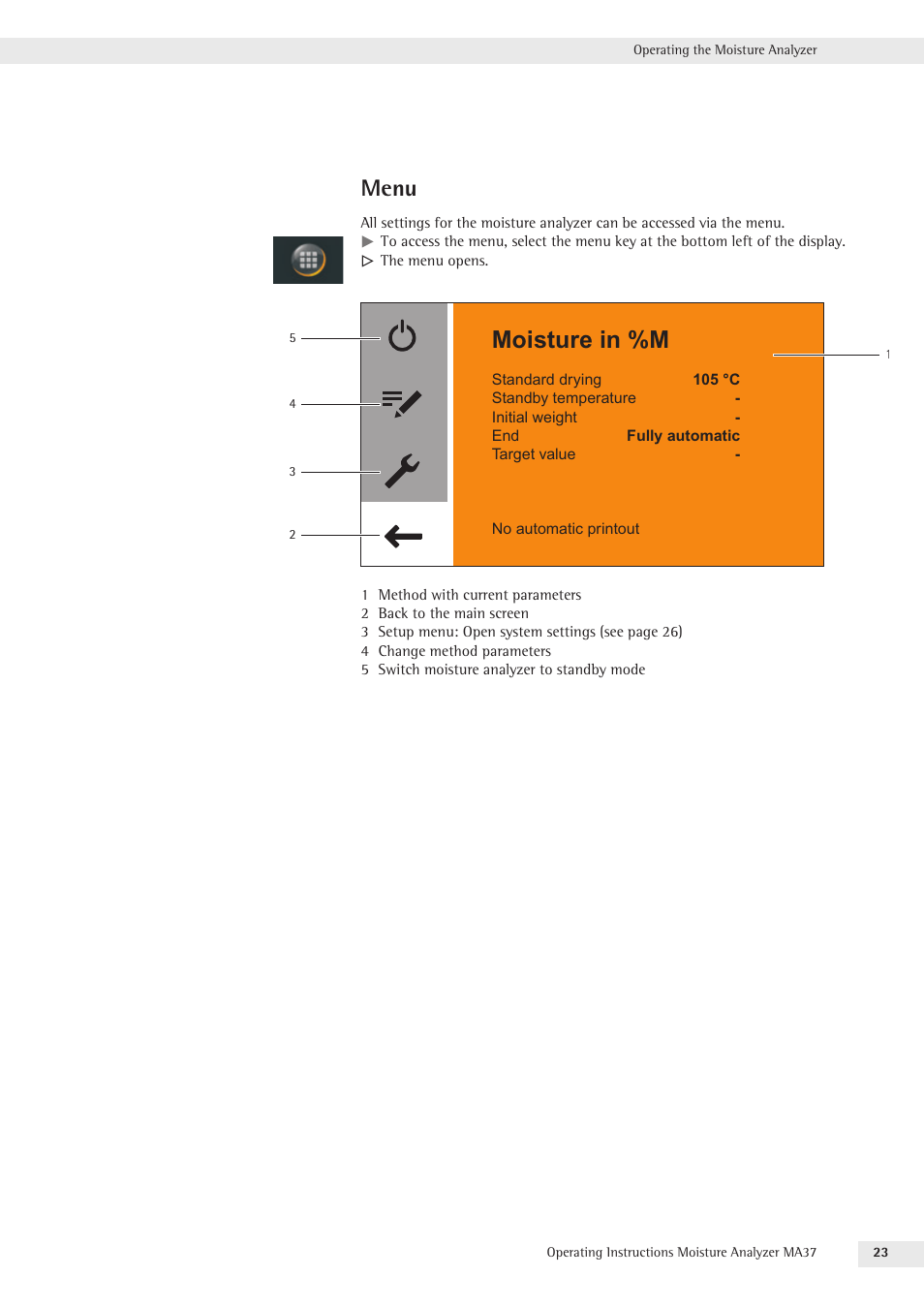 Menu, Moisture in %m | Rice Lake MA37 Sartorius Moisture Analyzer User Manual | Page 23 / 69