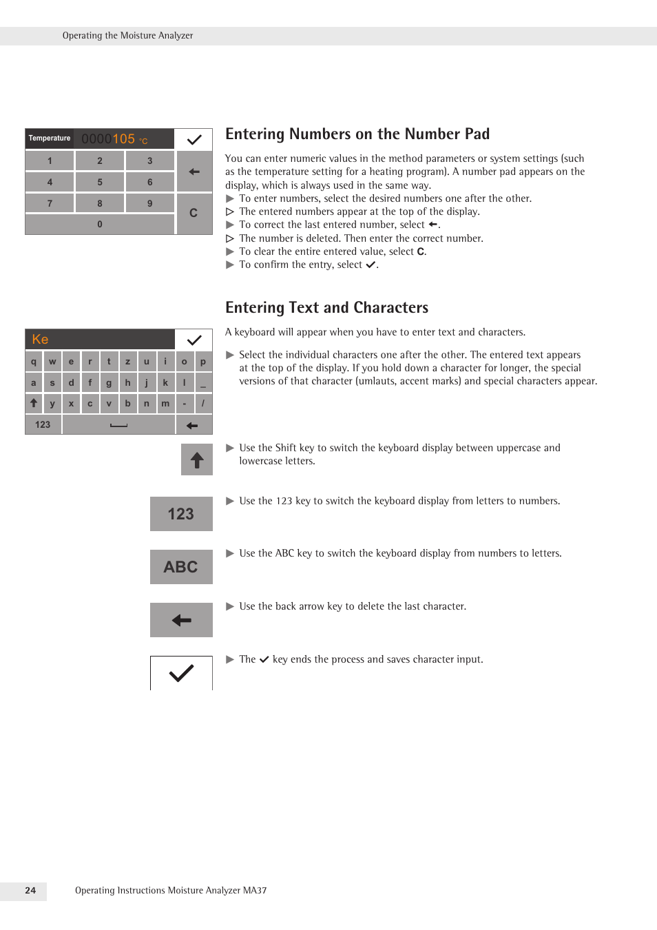 Entering numbers on the number pad, Entering text and characters, 123 abc | Rice Lake MA37 Sartorius Moisture Analyzer User Manual | Page 24 / 69