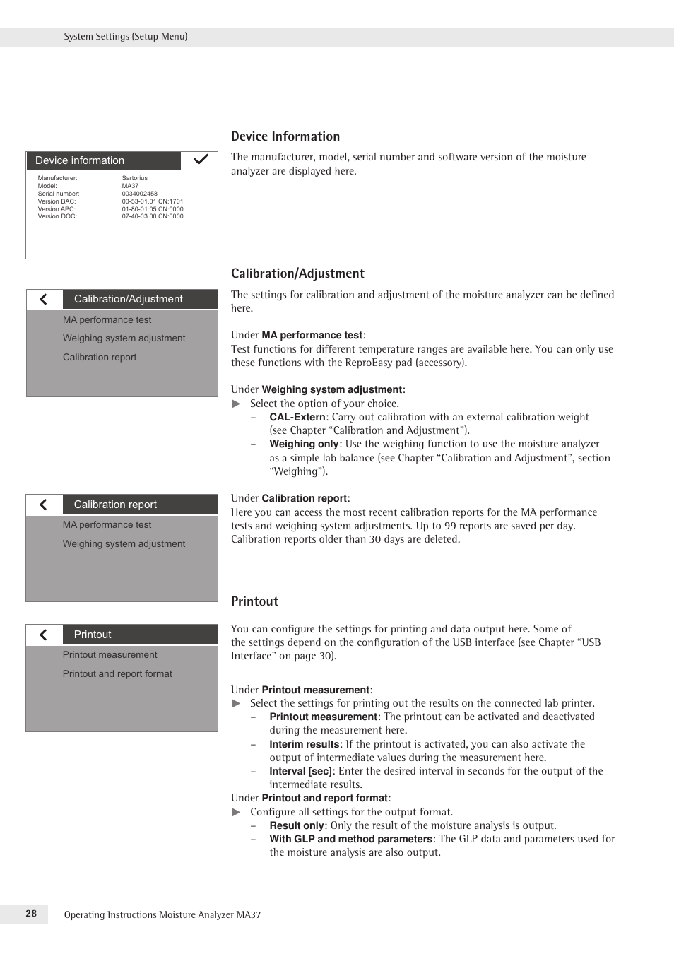 Device information, Calibration/adjustment, Printout | Rice Lake MA37 Sartorius Moisture Analyzer User Manual | Page 28 / 69