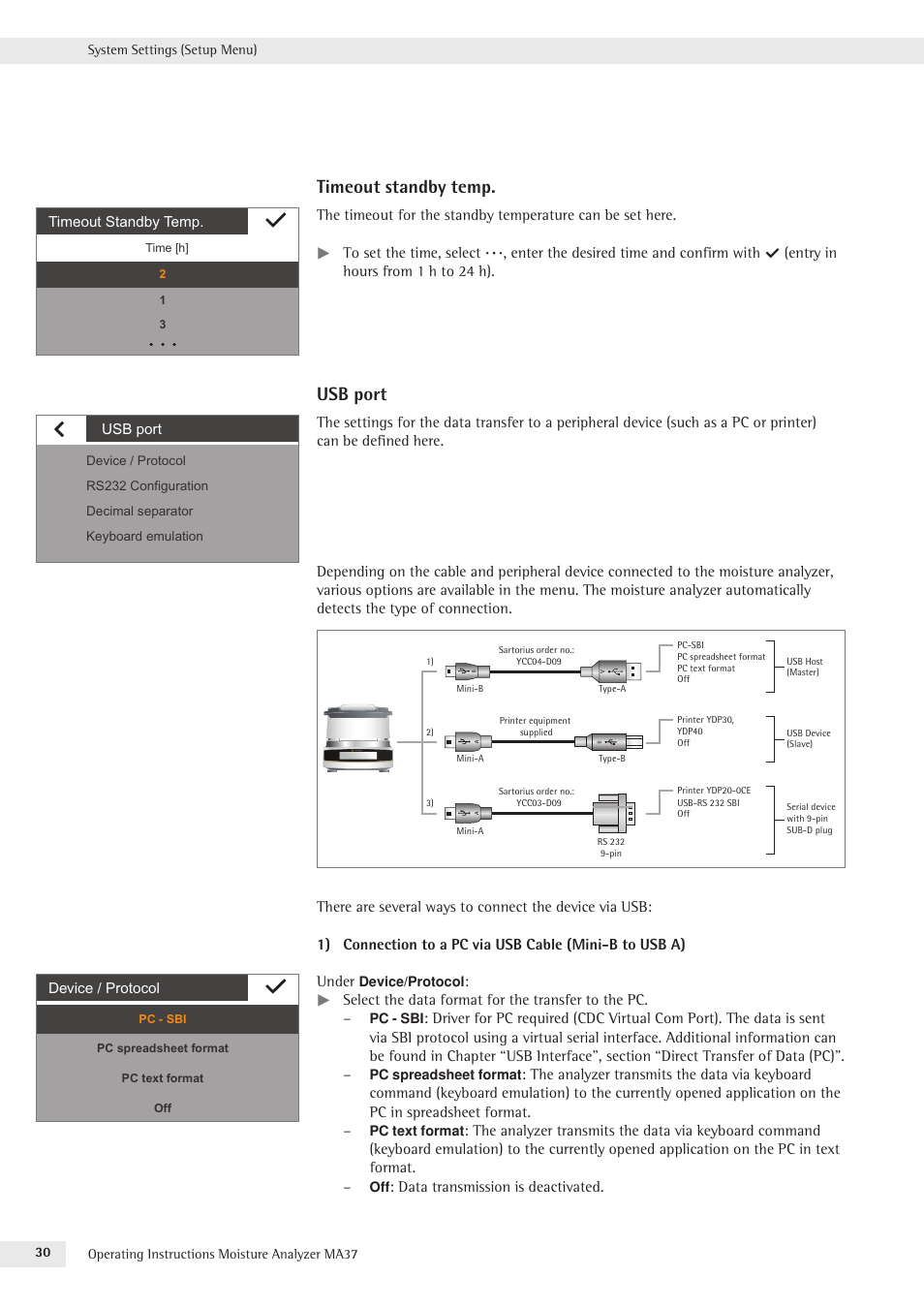 Timeout standby temp, Usb port | Rice Lake MA37 Sartorius Moisture Analyzer User Manual | Page 30 / 69
