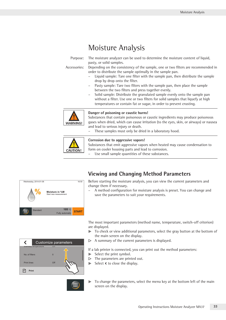 Moisture analysis, Viewing and changing method parameters | Rice Lake MA37 Sartorius Moisture Analyzer User Manual | Page 33 / 69