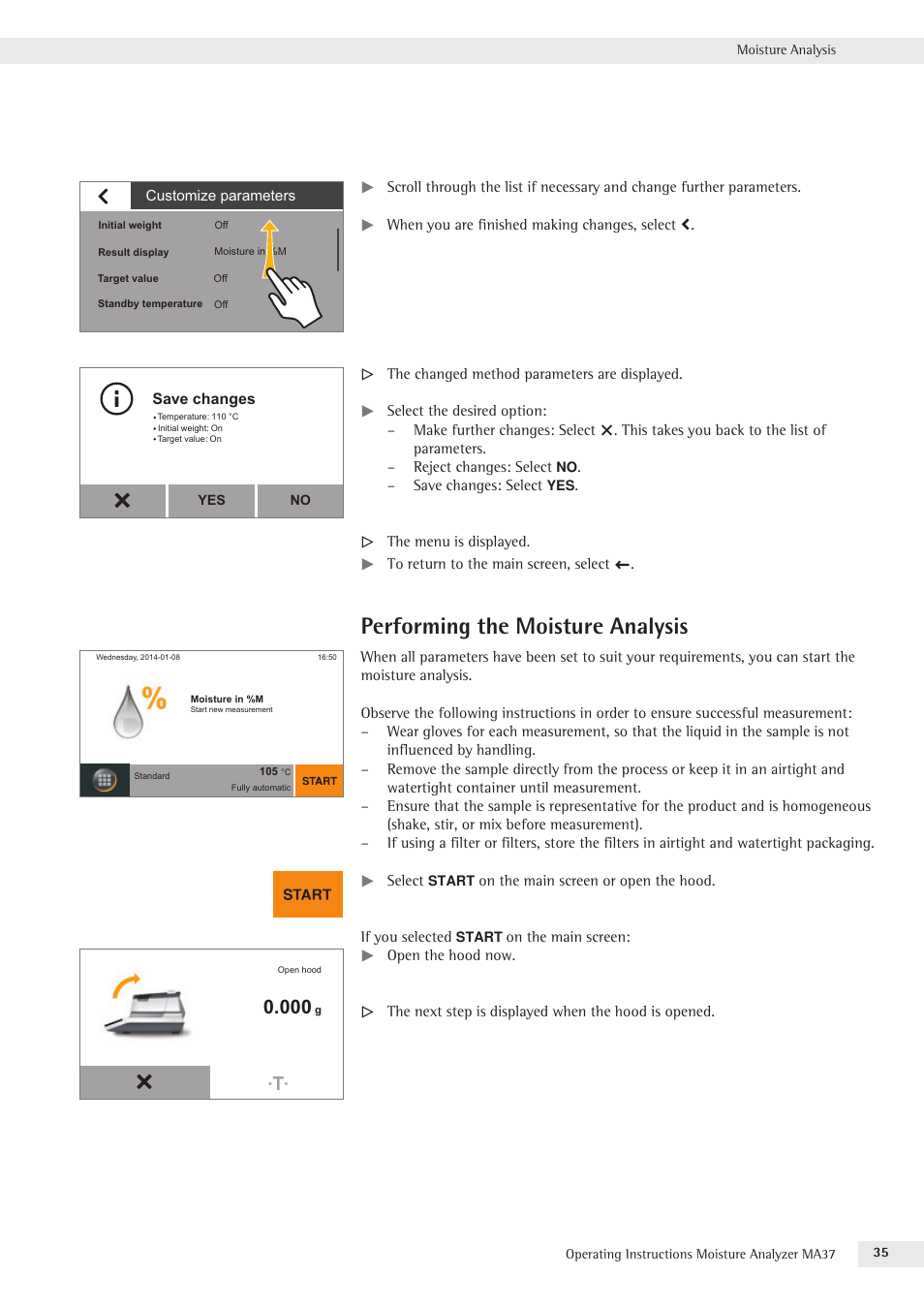 Performing the moisture analysis | Rice Lake MA37 Sartorius Moisture Analyzer User Manual | Page 35 / 69