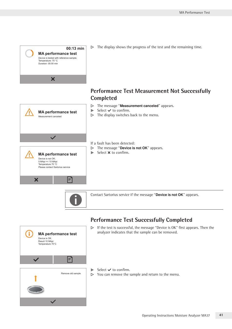 Performance test successfully completed | Rice Lake MA37 Sartorius Moisture Analyzer User Manual | Page 41 / 69