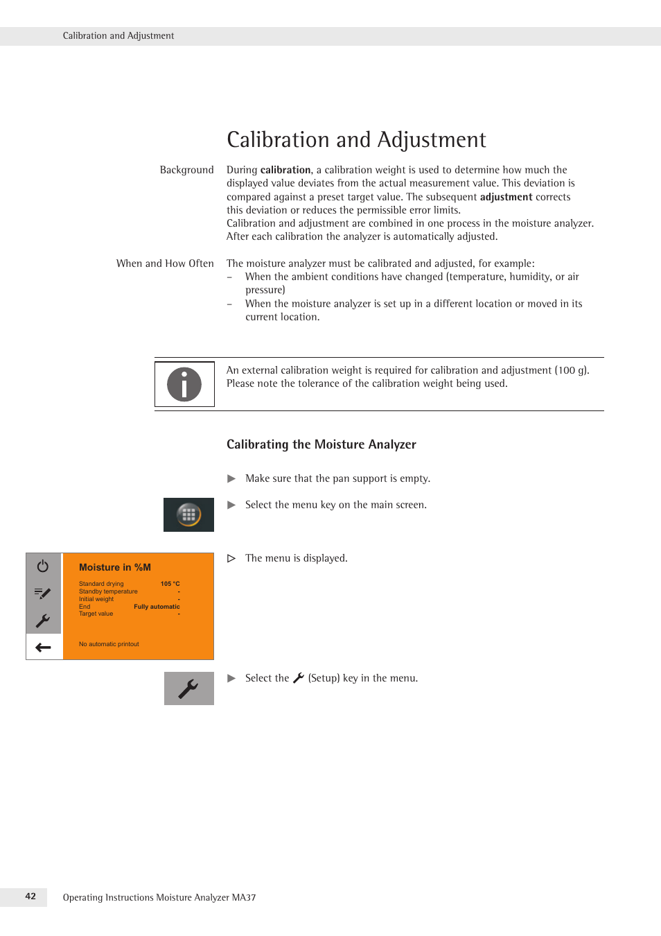 Calibration and adjustment, Calibrating the moisture analyzer | Rice Lake MA37 Sartorius Moisture Analyzer User Manual | Page 42 / 69