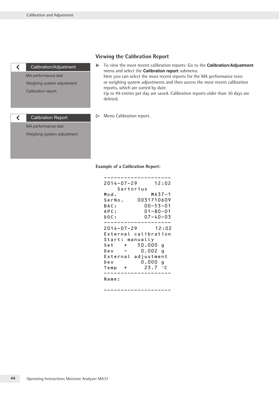 Viewing the calibration report | Rice Lake MA37 Sartorius Moisture Analyzer User Manual | Page 44 / 69