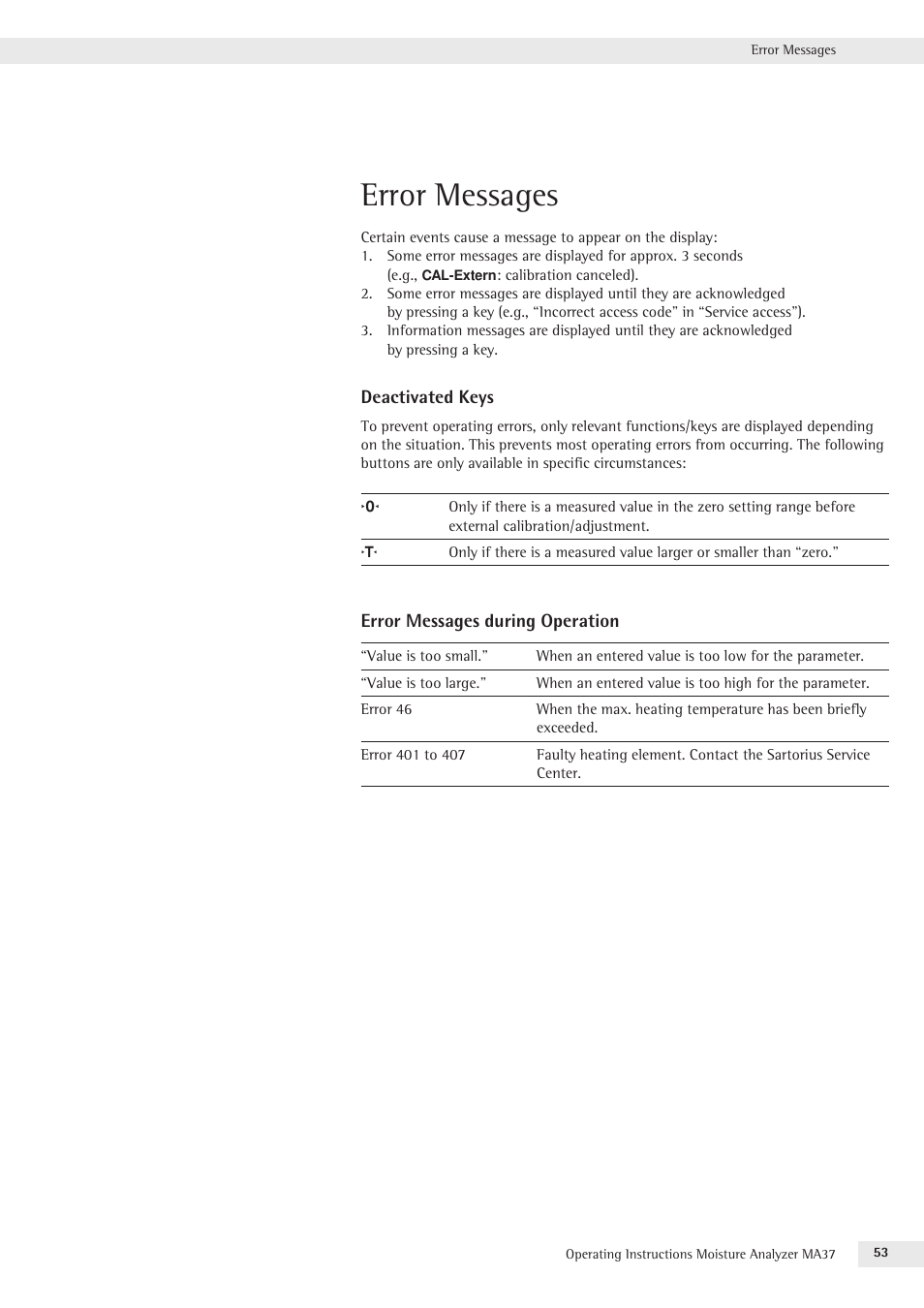 Error messages | Rice Lake MA37 Sartorius Moisture Analyzer User Manual | Page 53 / 69
