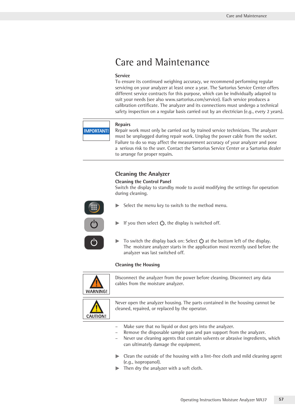 Care and maintenance | Rice Lake MA37 Sartorius Moisture Analyzer User Manual | Page 57 / 69