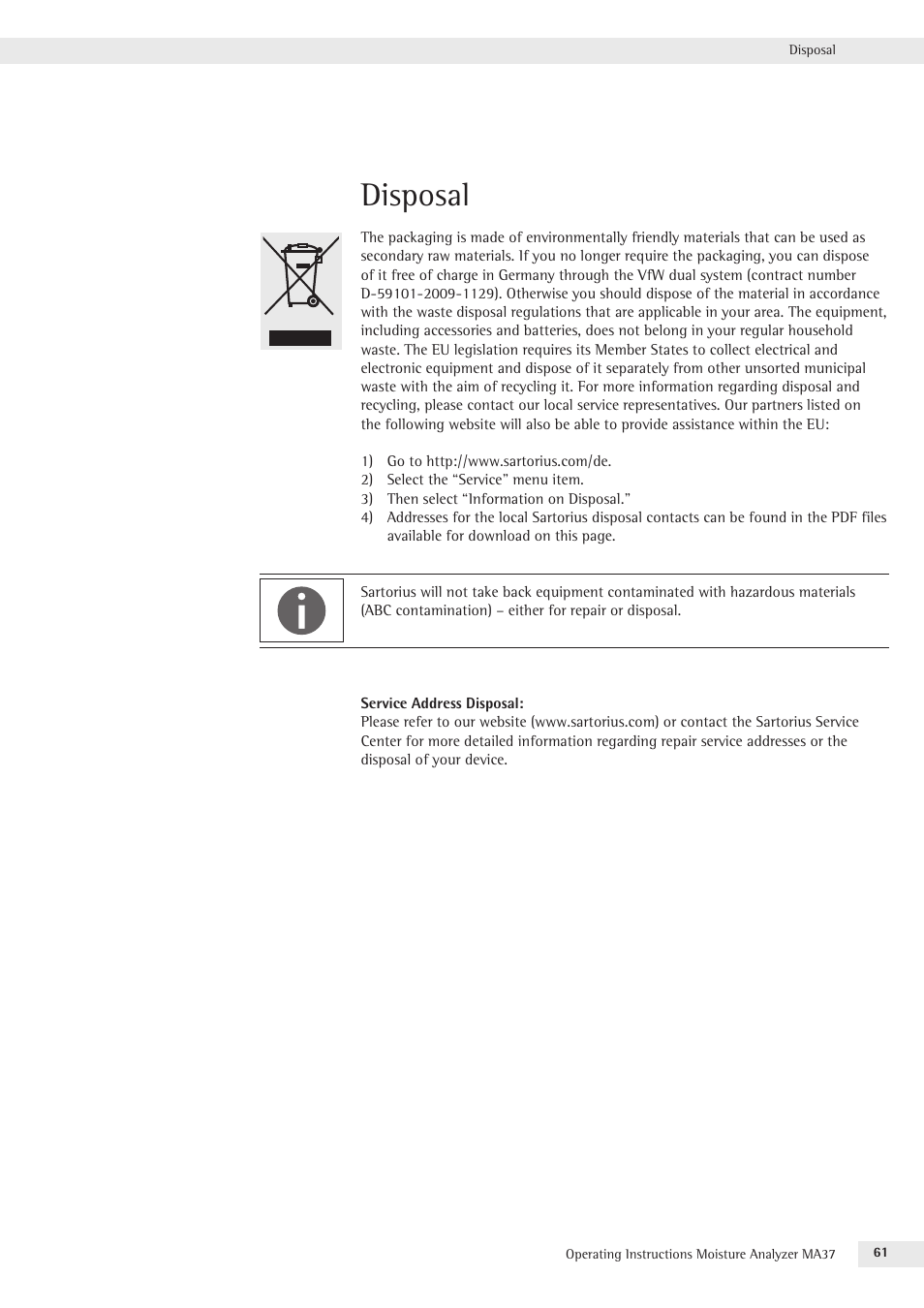 Disposal | Rice Lake MA37 Sartorius Moisture Analyzer User Manual | Page 61 / 69