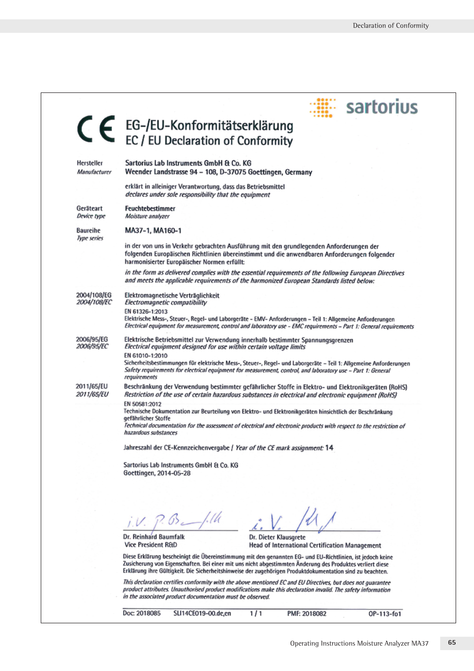 Declaration of conformity | Rice Lake MA37 Sartorius Moisture Analyzer User Manual | Page 65 / 69