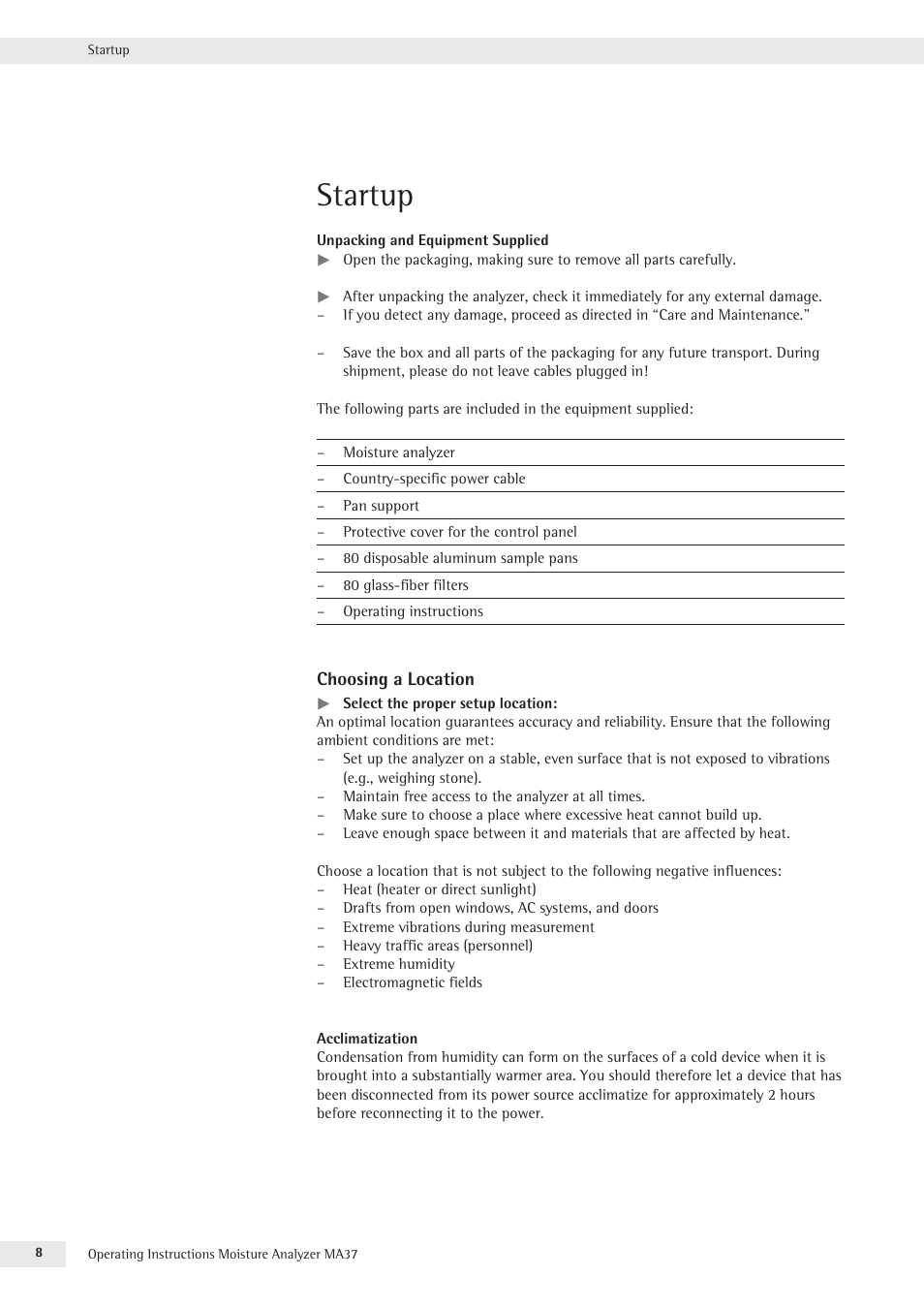 Startup | Rice Lake MA37 Sartorius Moisture Analyzer User Manual | Page 8 / 69