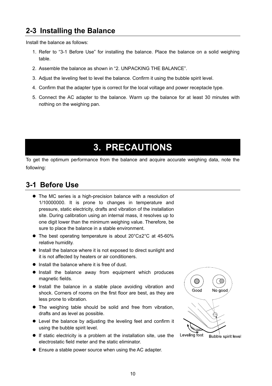 Precautions, 3 installing the balance, 1 before use | Rice Lake MC Series Mass Comparator, A&D Weighing - MC-6100 User Manual | Page 12 / 66