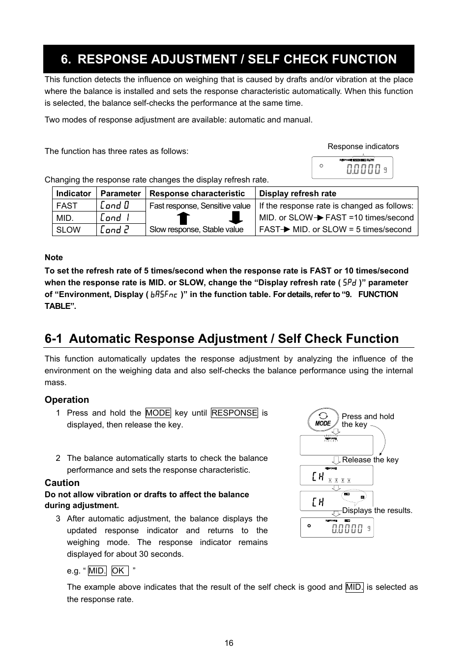 Response adjustment / self check function | Rice Lake MC Series Mass Comparator, A&D Weighing - MC-6100 User Manual | Page 18 / 66