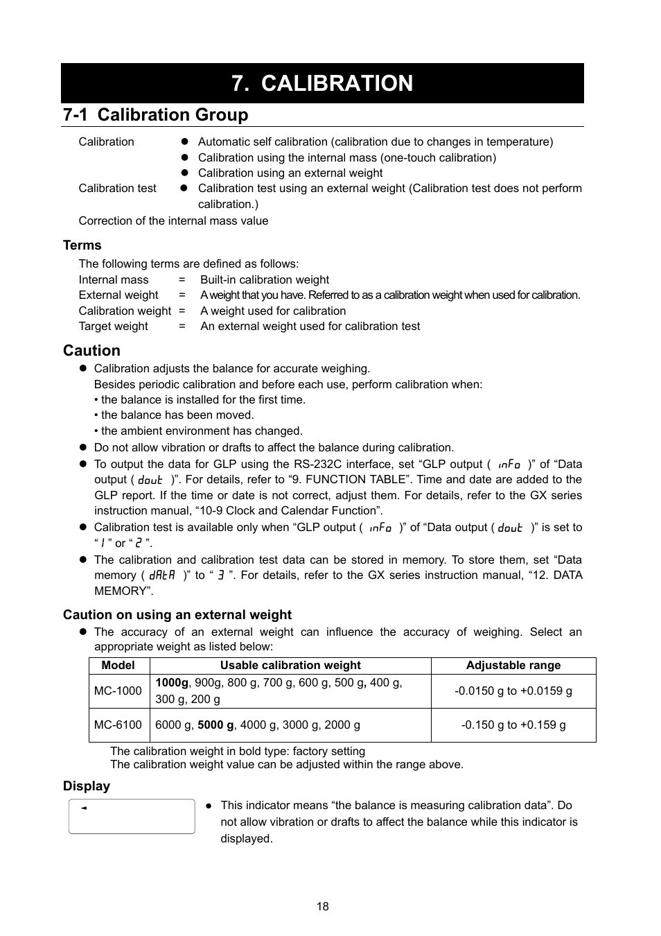 Calibration, 1 calibration group, Caution | Rice Lake MC Series Mass Comparator, A&D Weighing - MC-6100 User Manual | Page 20 / 66