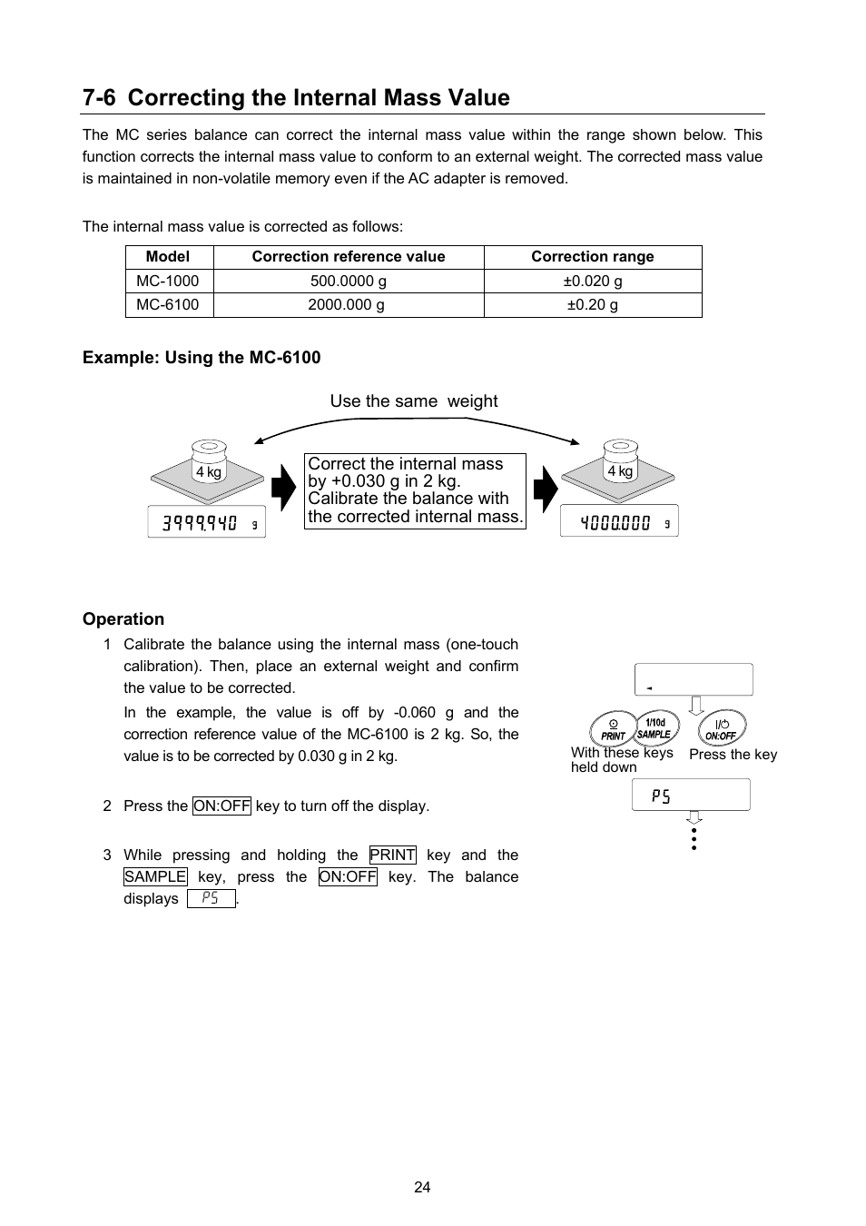 6 correcting the internal mass value | Rice Lake MC Series Mass Comparator, A&D Weighing - MC-6100 User Manual | Page 26 / 66