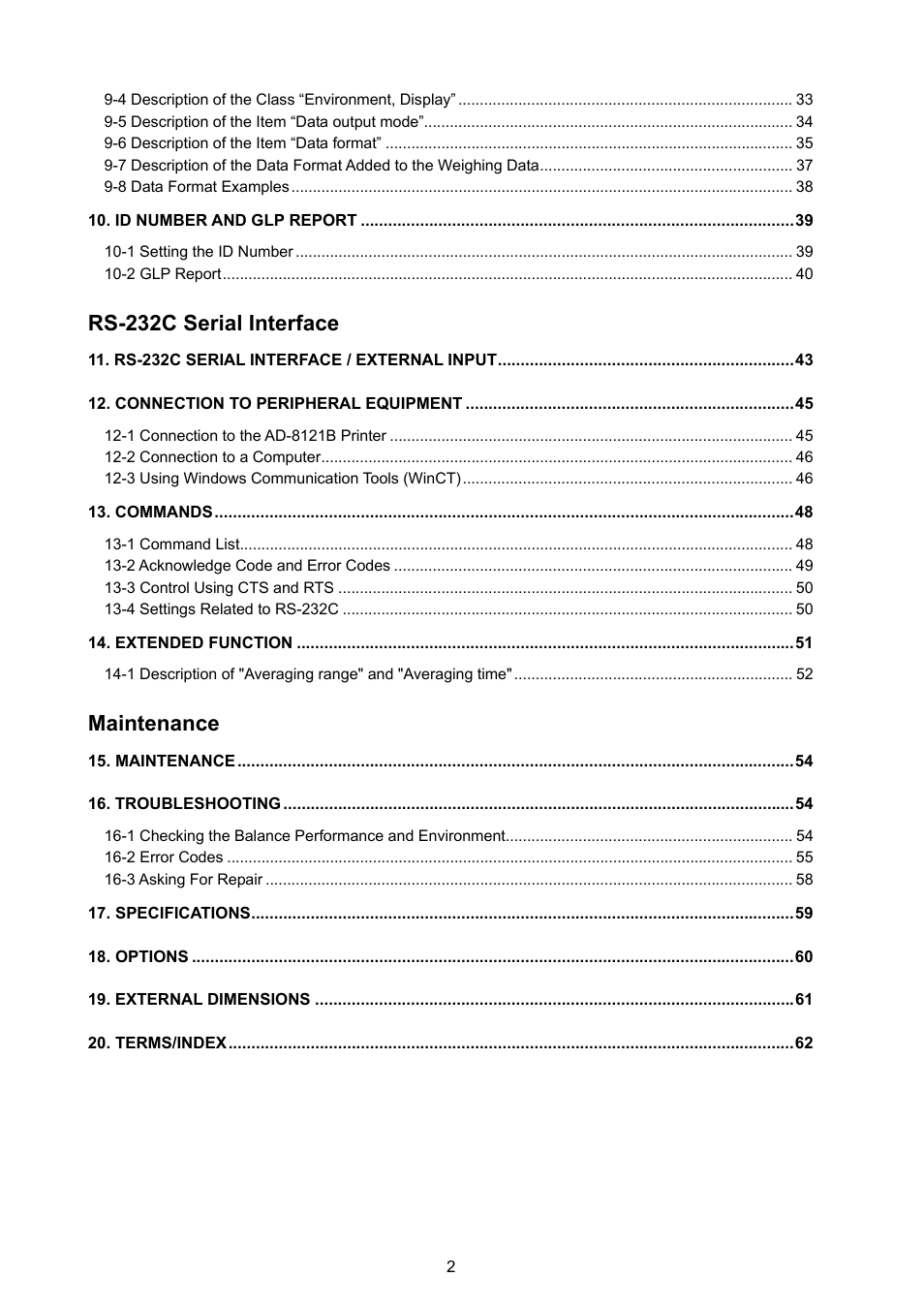 Rs-232c serial interface, Maintenance | Rice Lake MC Series Mass Comparator, A&D Weighing - MC-6100 User Manual | Page 4 / 66