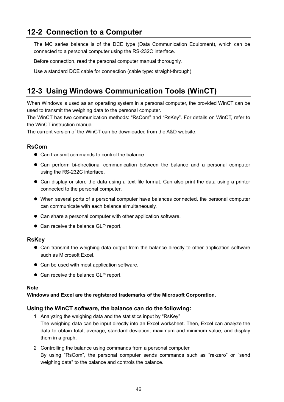 2 connection to a computer, 3 using windows communication tools (winct) | Rice Lake MC Series Mass Comparator, A&D Weighing - MC-6100 User Manual | Page 48 / 66