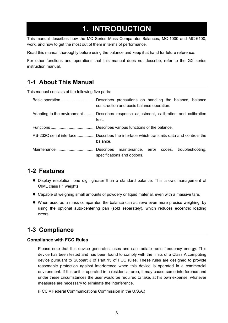 Introduction, 1 about this manual, 2 features | 3 compliance | Rice Lake MC Series Mass Comparator, A&D Weighing - MC-6100 User Manual | Page 5 / 66