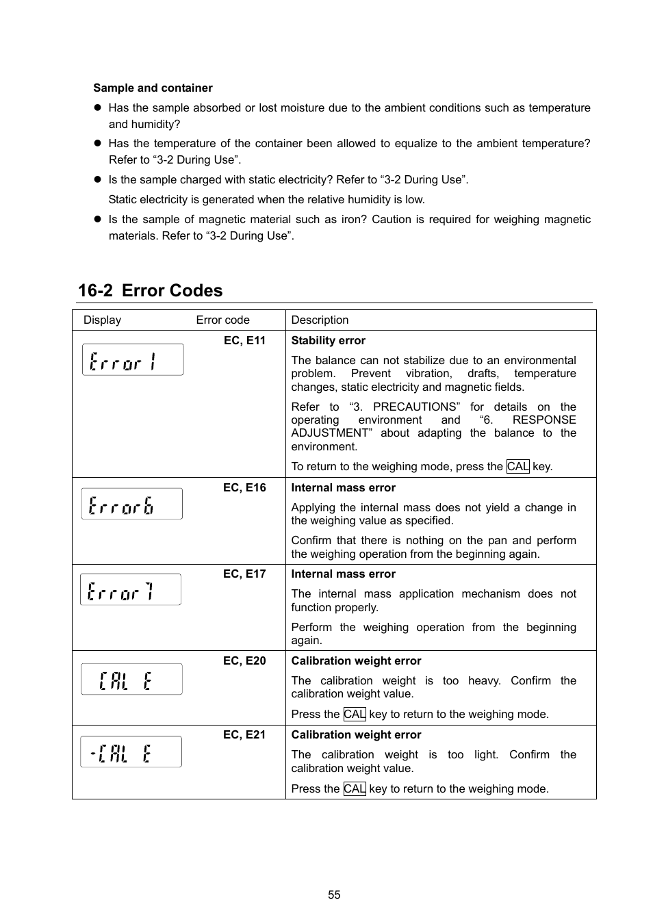2 error codes | Rice Lake MC Series Mass Comparator, A&D Weighing - MC-6100 User Manual | Page 57 / 66
