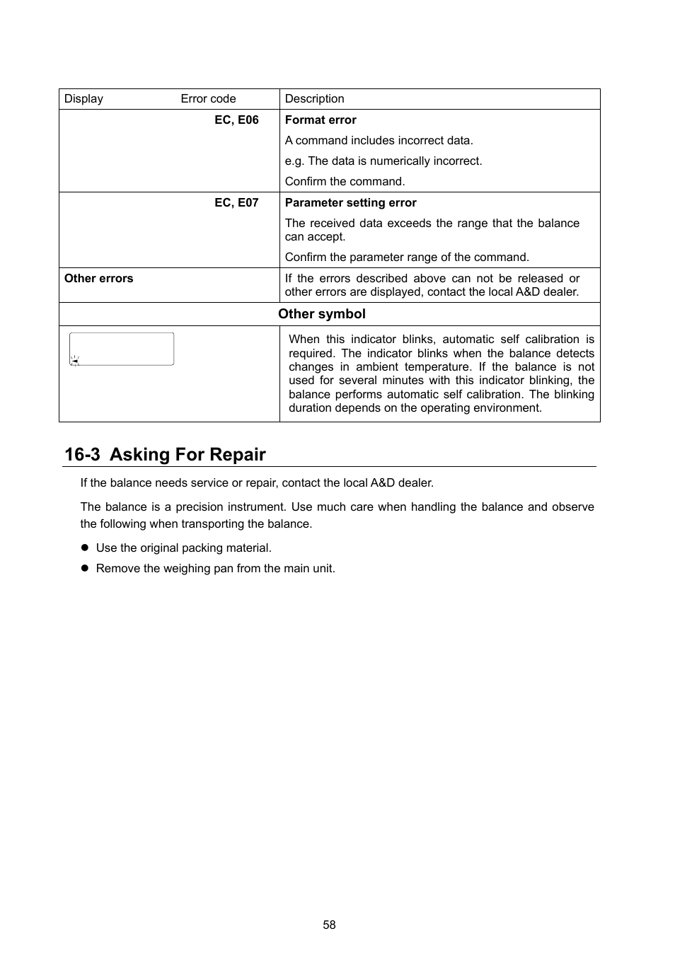 3 asking for repair | Rice Lake MC Series Mass Comparator, A&D Weighing - MC-6100 User Manual | Page 60 / 66
