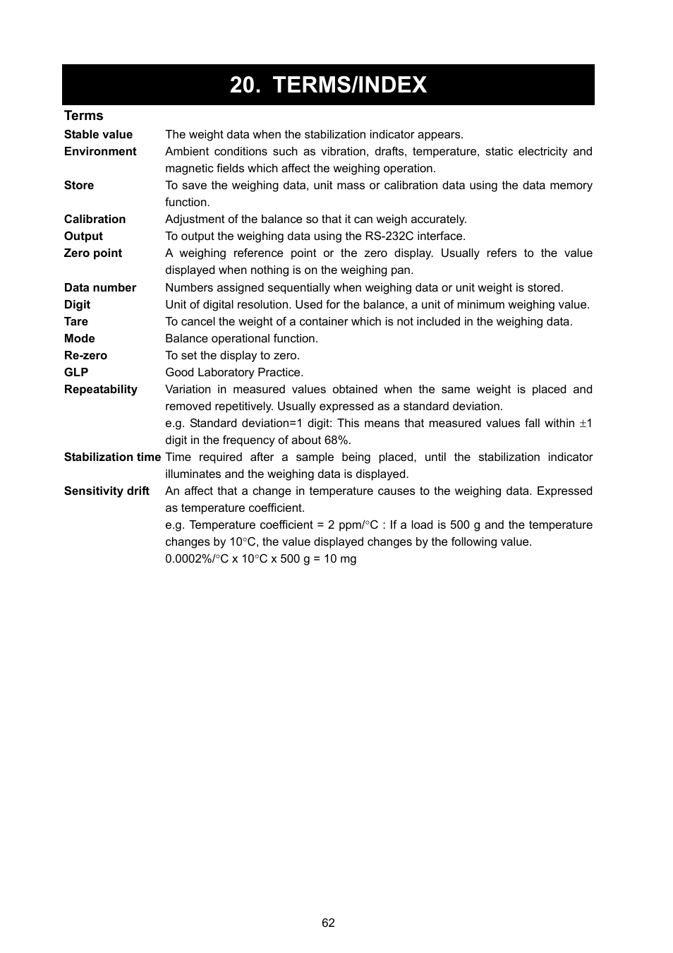 Terms/index | Rice Lake MC Series Mass Comparator, A&D Weighing - MC-6100 User Manual | Page 64 / 66