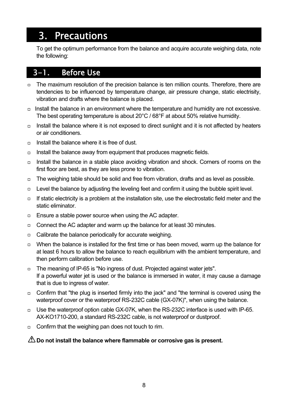 Precautions, 1. before use | Rice Lake MC Series Mass Comparator, A&D Weighing - MC-30K User Manual | Page 10 / 66