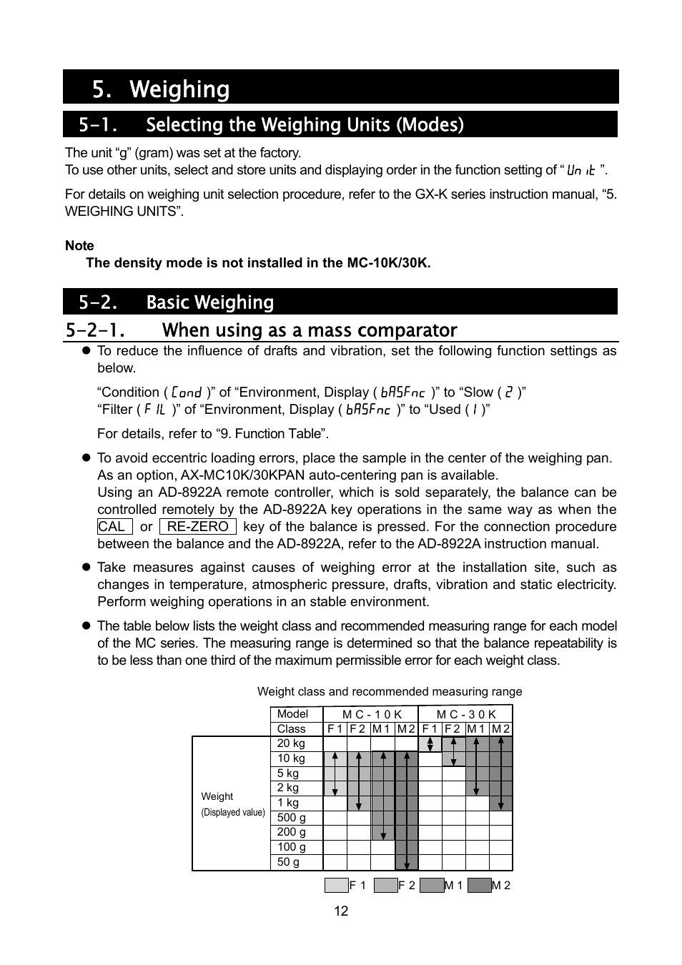 Weighing, 1. selecting the weighing units (modes) | Rice Lake MC Series Mass Comparator, A&D Weighing - MC-30K User Manual | Page 14 / 66