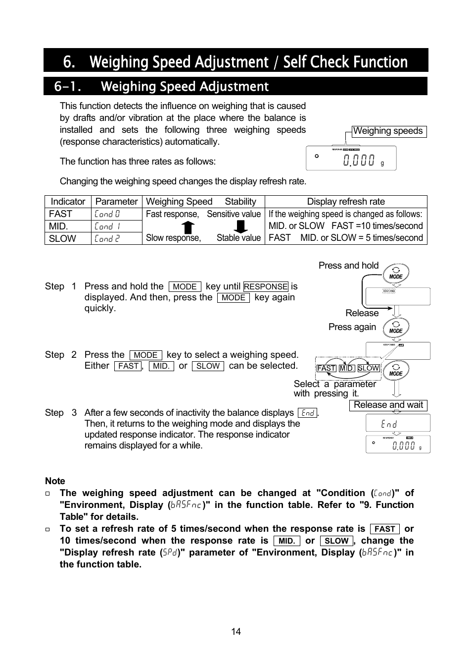 Weighing speed adjustment / self check function, 1. weighing speed adjustment | Rice Lake MC Series Mass Comparator, A&D Weighing - MC-30K User Manual | Page 16 / 66