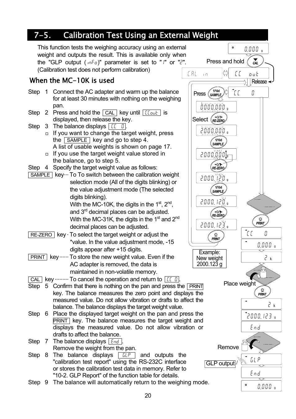 5. calibration test using an external weight, When the mc-10k is used | Rice Lake MC Series Mass Comparator, A&D Weighing - MC-30K User Manual | Page 22 / 66