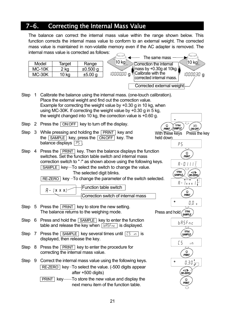 6. correcting the internal mass value | Rice Lake MC Series Mass Comparator, A&D Weighing - MC-30K User Manual | Page 23 / 66