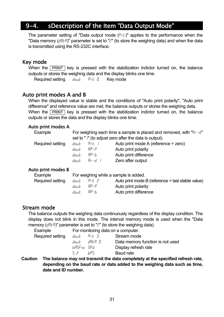 4. sdescription of the item "data output mode | Rice Lake MC Series Mass Comparator, A&D Weighing - MC-30K User Manual | Page 33 / 66