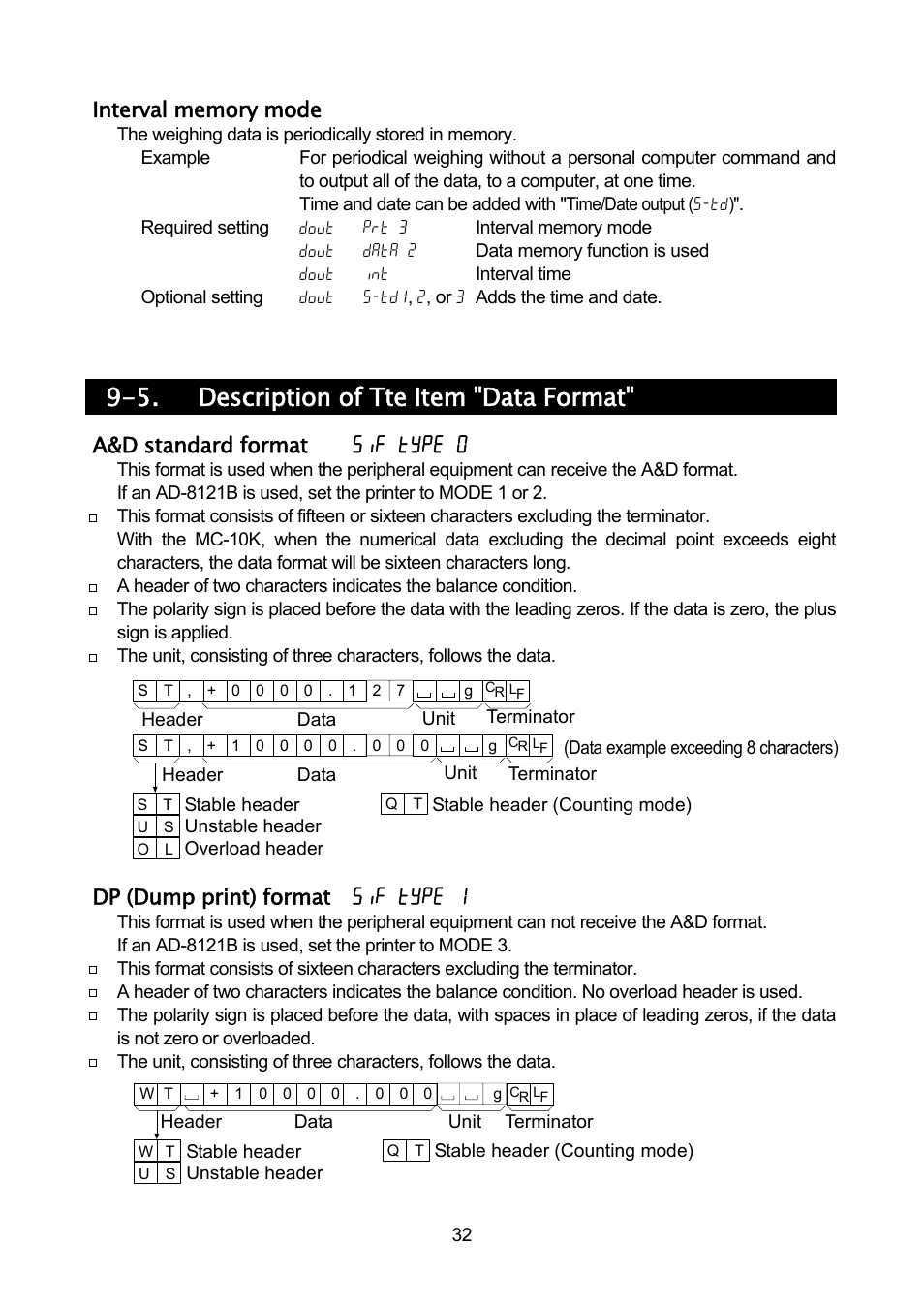 5. description of tte item "data format, A&d standard format 5if type 0, Dp (dump print) format 5if type 1 | Rice Lake MC Series Mass Comparator, A&D Weighing - MC-30K User Manual | Page 34 / 66
