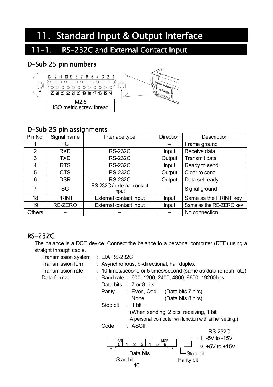 Standard input & output interface, 1. rs-232c and external contact input | Rice Lake MC Series Mass Comparator, A&D Weighing - MC-30K User Manual | Page 42 / 66