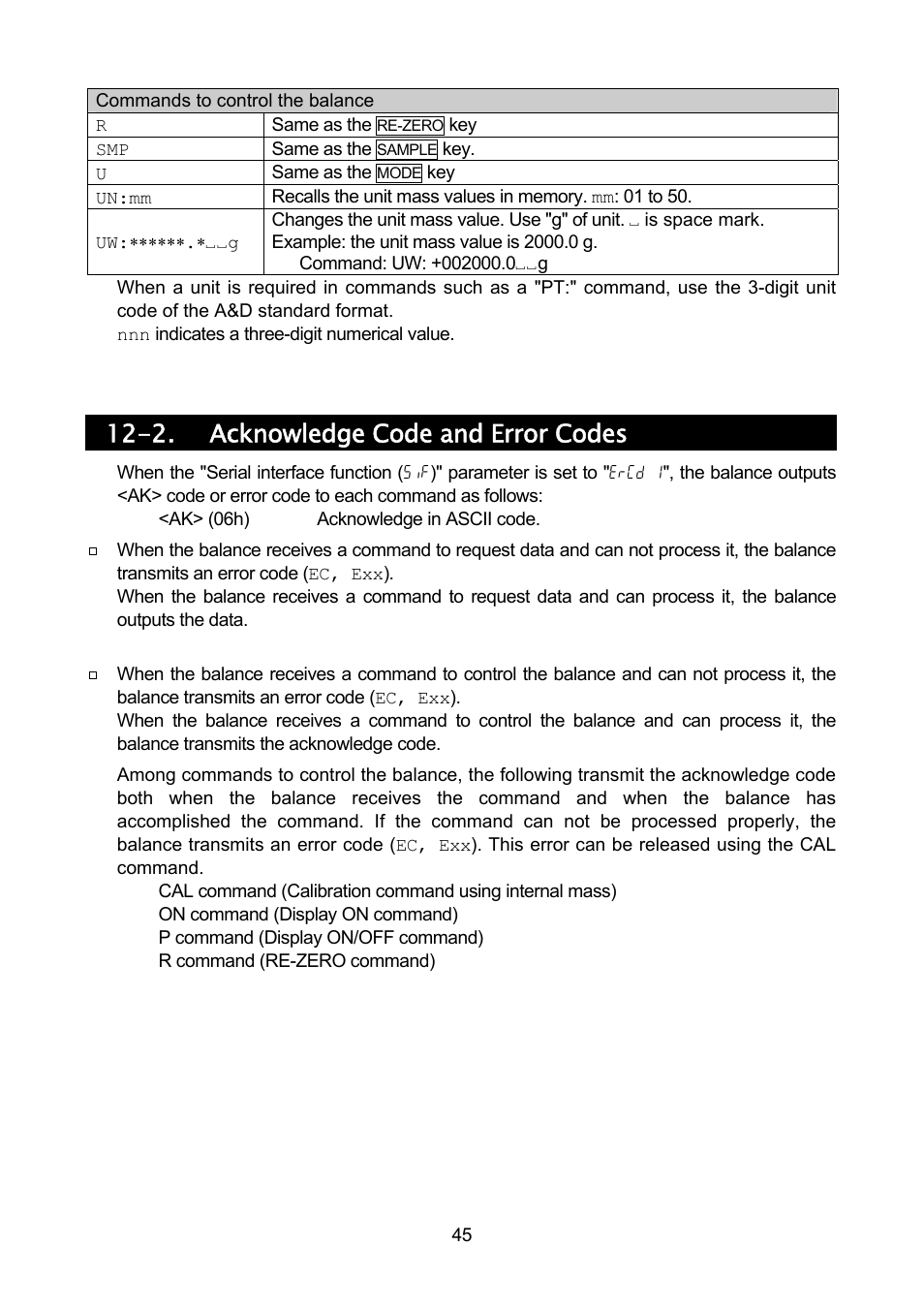 2. acknowledge code and error codes | Rice Lake MC Series Mass Comparator, A&D Weighing - MC-30K User Manual | Page 47 / 66