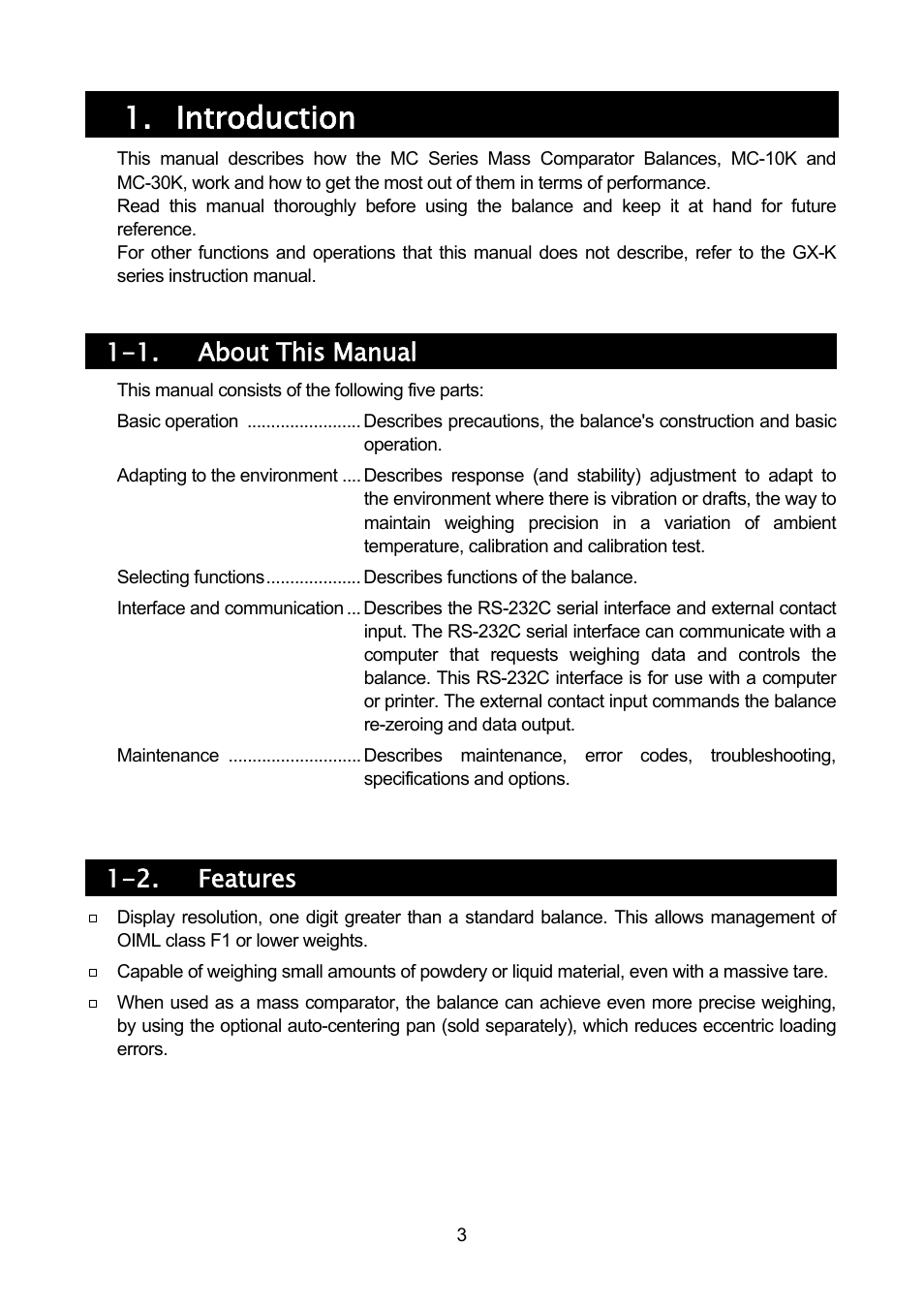 Introduction, 1. about this manual, 2. features | Rice Lake MC Series Mass Comparator, A&D Weighing - MC-30K User Manual | Page 5 / 66
