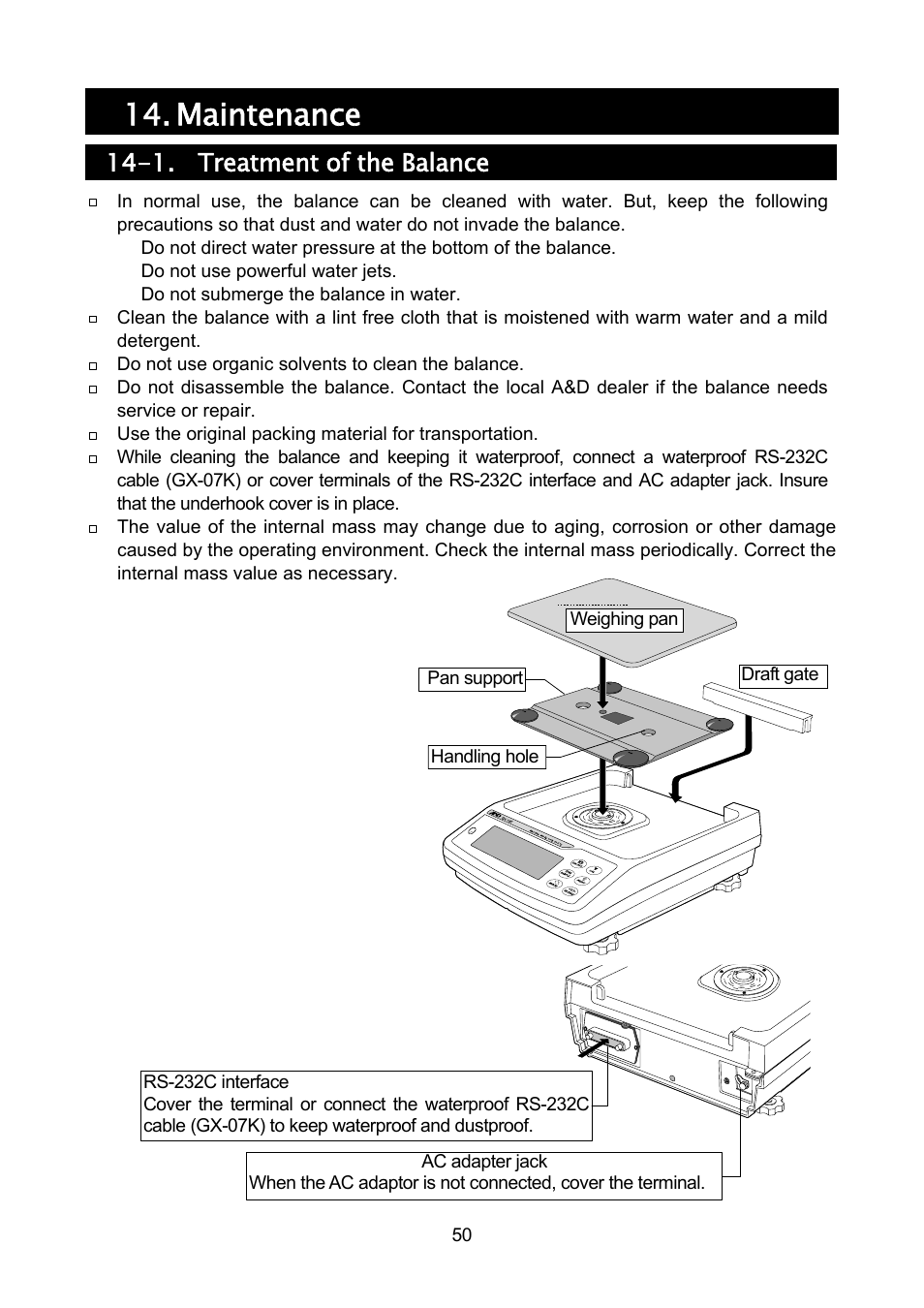 Maintenance, 1. treatment of the balance | Rice Lake MC Series Mass Comparator, A&D Weighing - MC-30K User Manual | Page 52 / 66