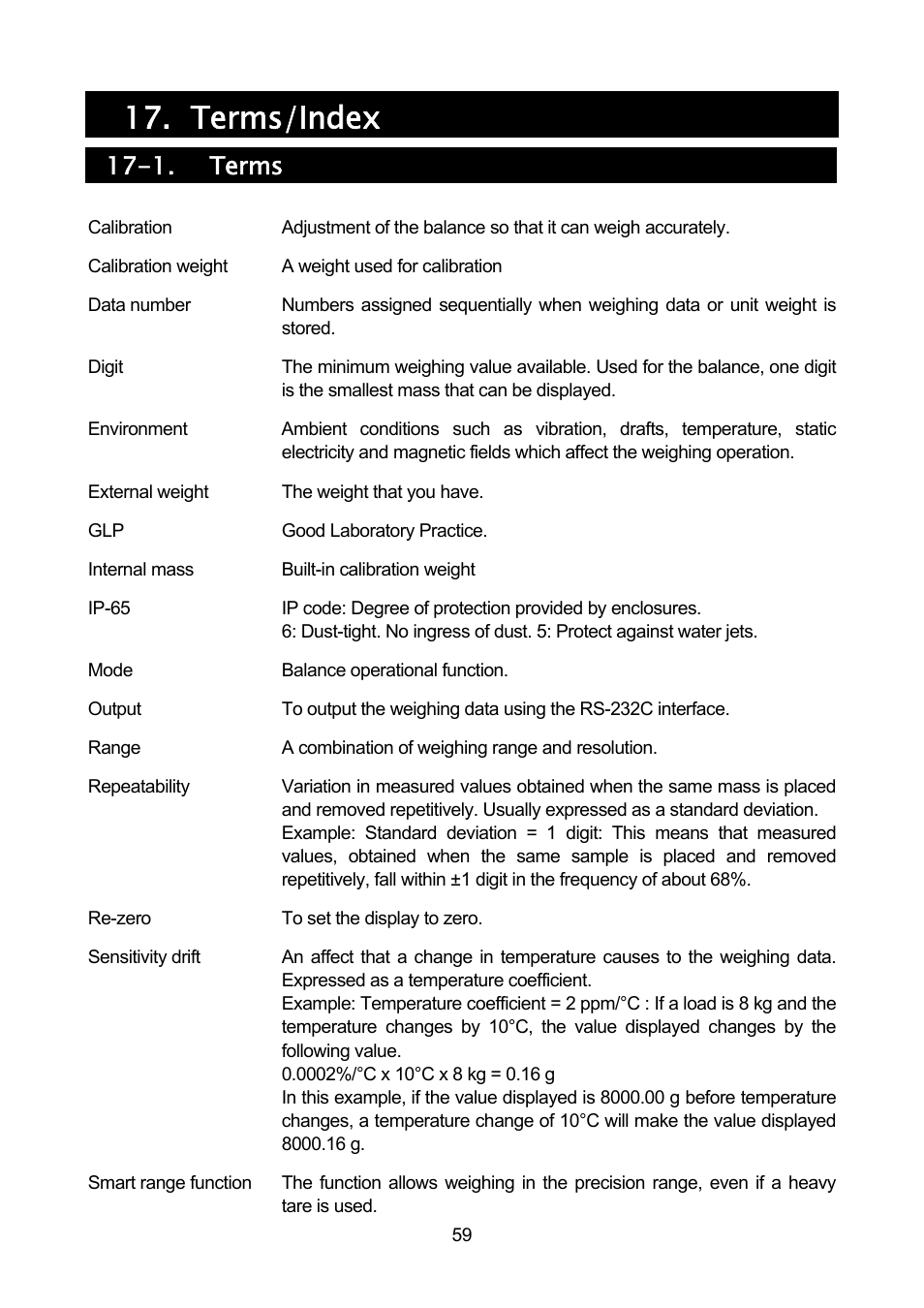 Terms/index, 1. terms | Rice Lake MC Series Mass Comparator, A&D Weighing - MC-30K User Manual | Page 61 / 66