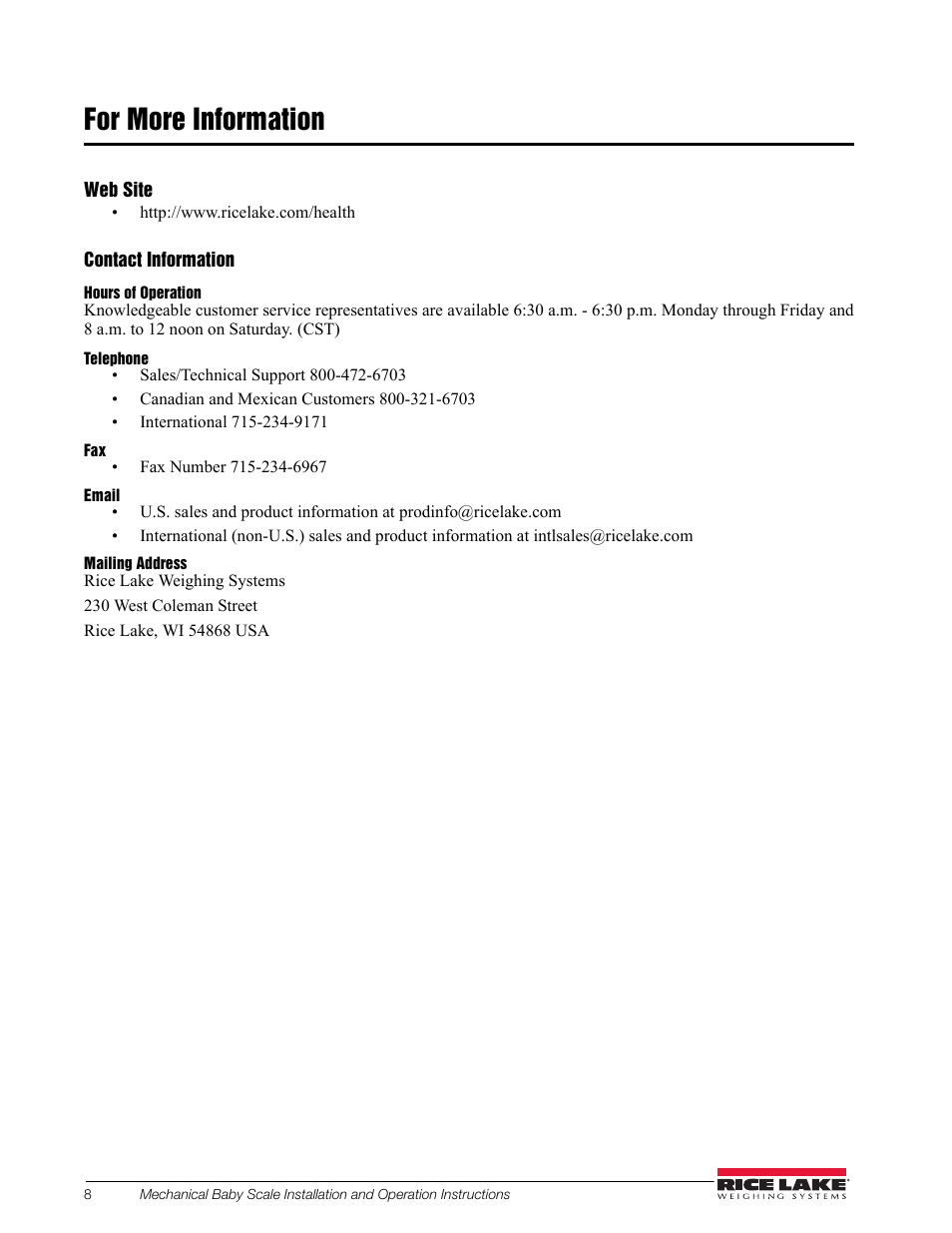 For more information | Rice Lake Mechanical Beam Baby Scale RL-MIS-20 (KG Only) User Manual | Page 12 / 16