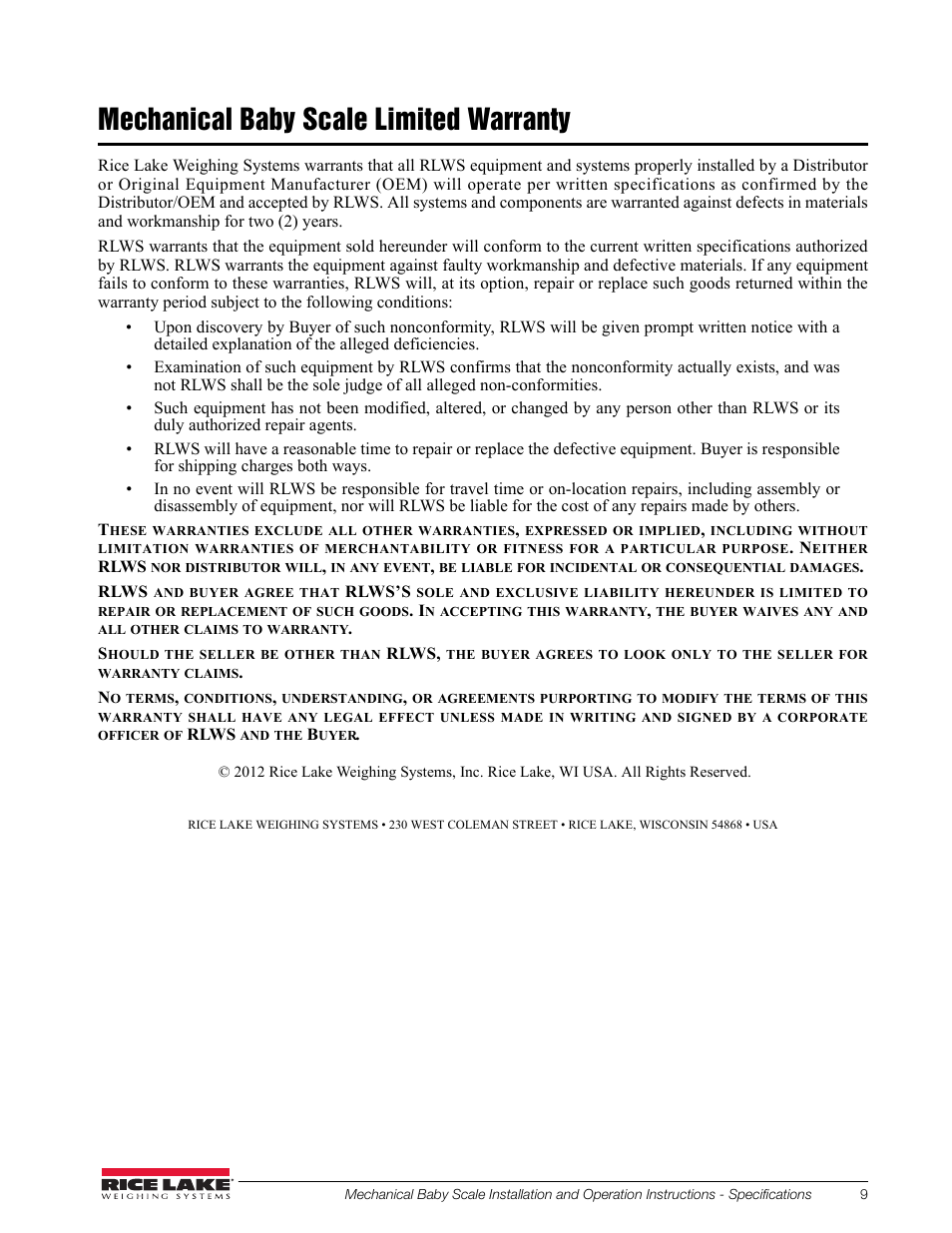Mechanical baby scale limited warranty | Rice Lake Mechanical Beam Baby Scale RL-MIS-20 (KG Only) User Manual | Page 13 / 16