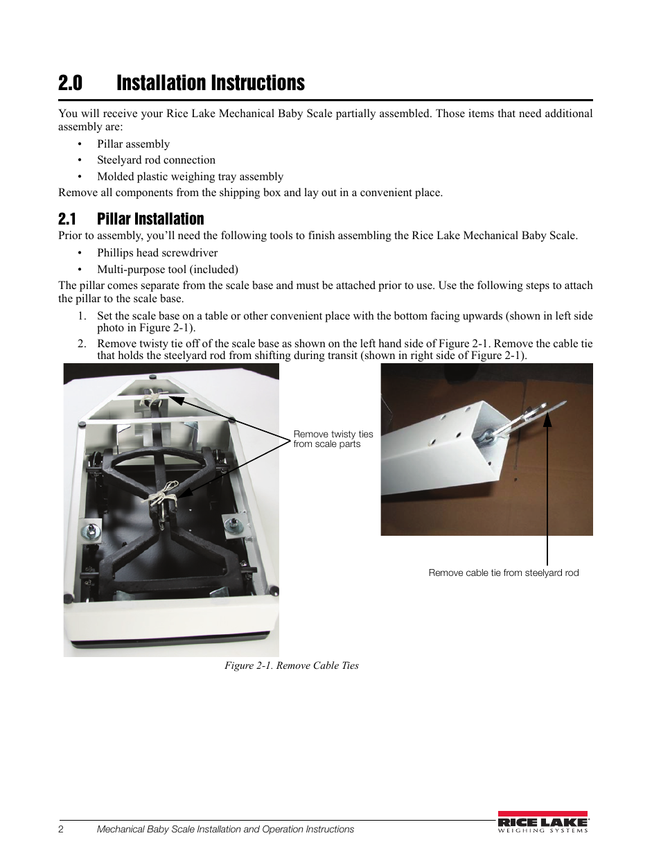 0 installation instructions, 1 pillar installation | Rice Lake Mechanical Beam Baby Scale RL-MIS-20 (KG Only) User Manual | Page 6 / 16