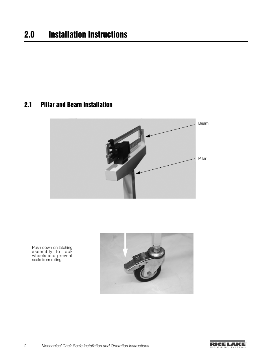 0 installation instructions, 1 pillar and beam installation | Rice Lake Mechanical Chair Scale (RL-MCS) User Manual | Page 6 / 16