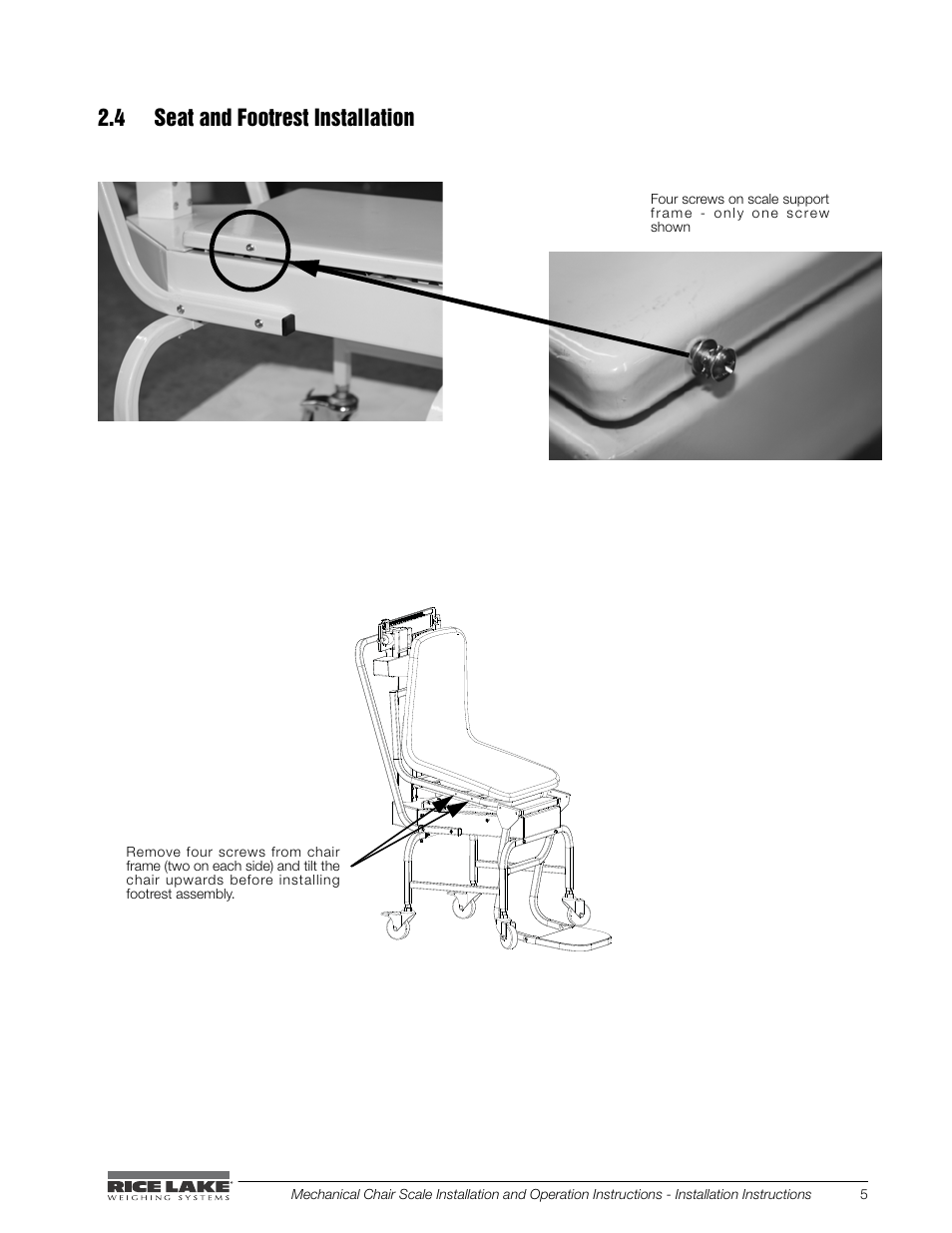 4 seat and footrest installation | Rice Lake Mechanical Chair Scale (RL-MCS) User Manual | Page 9 / 16