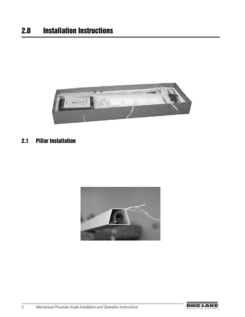 0 installation instructions, 1 pillar installation | Rice Lake Mechanical Physician Scale RL-MPS-20 (LB and KG, No Height Rod) User Manual | Page 6 / 18