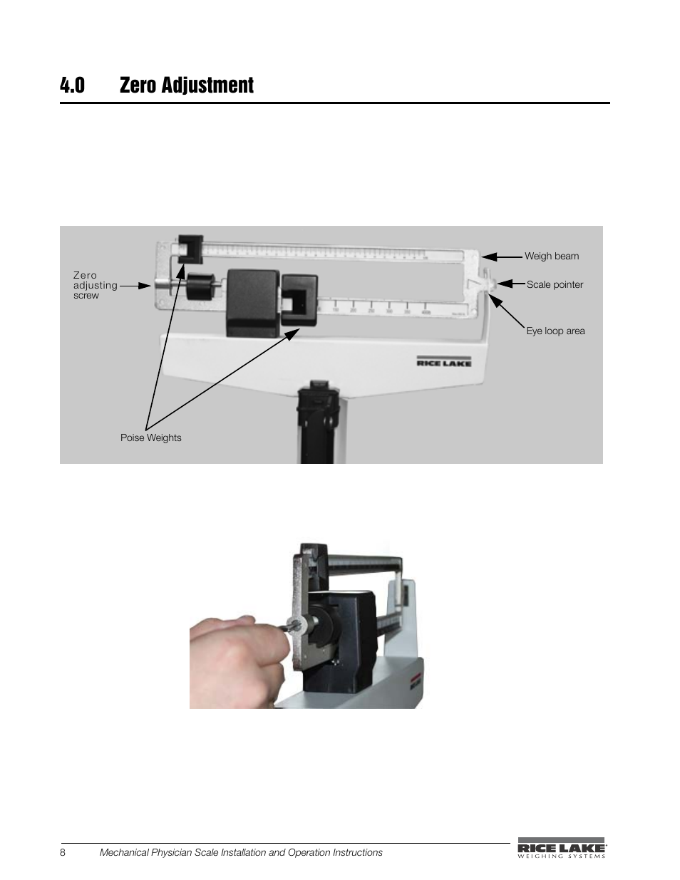 0 zero adjustment | Rice Lake Mechanical Physician Scale with Handpost RL-MPS-30 (KG Only) User Manual | Page 12 / 18