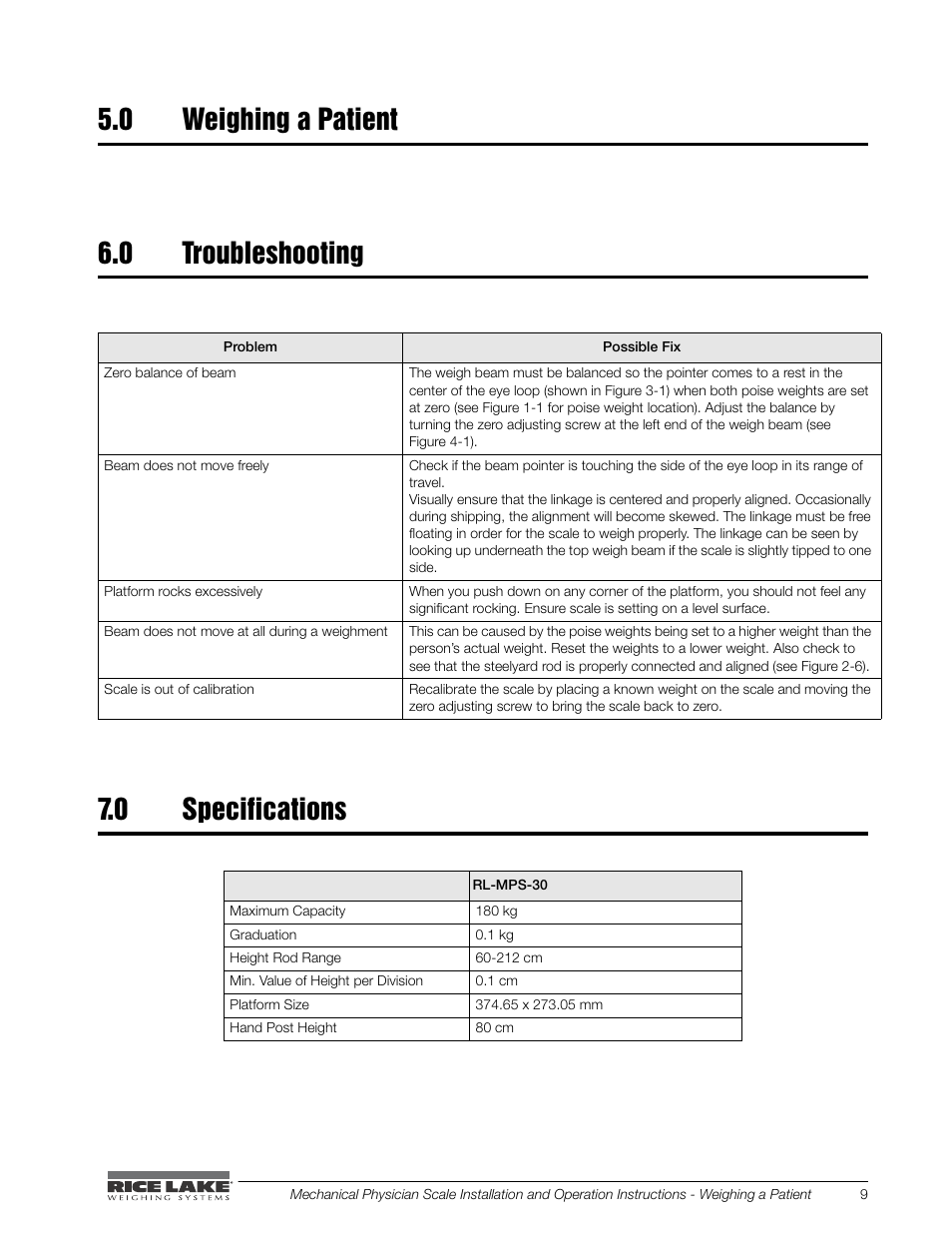 0 weighing a patient, 0 troubleshooting, 0 specifications | Rice Lake Mechanical Physician Scale with Handpost RL-MPS-30 (KG Only) User Manual | Page 13 / 18