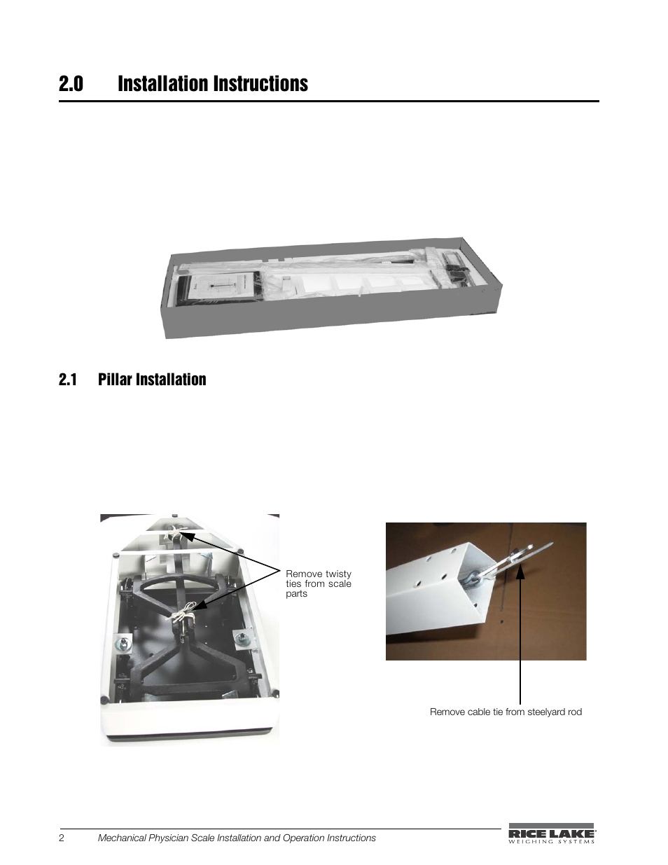 0 installation instructions, 1 pillar installation | Rice Lake Mechanical Physician Scale with Handpost RL-MPS-30 (KG Only) User Manual | Page 6 / 18